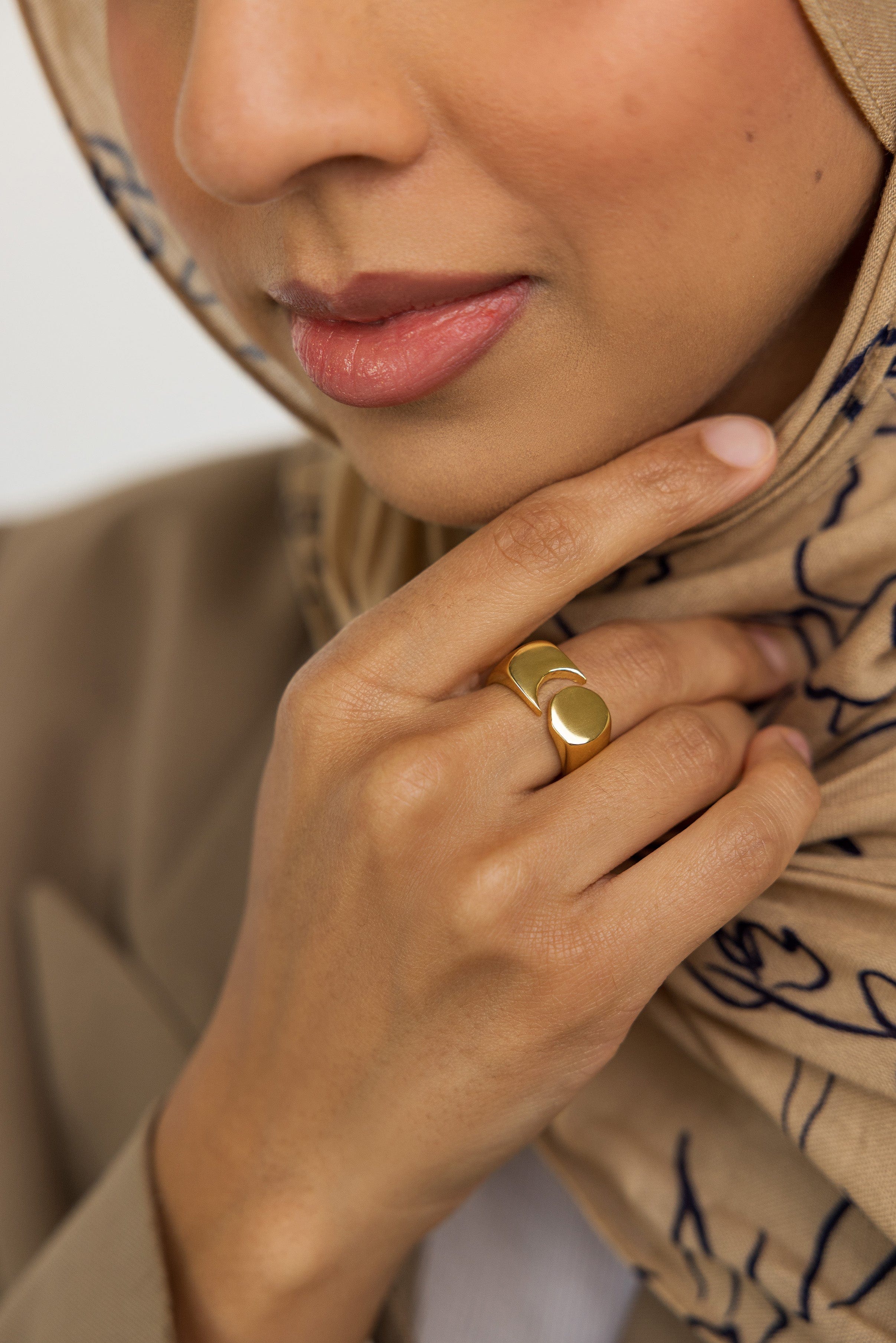 Close-up angle revealing the brushed finish and thickness of statement ring