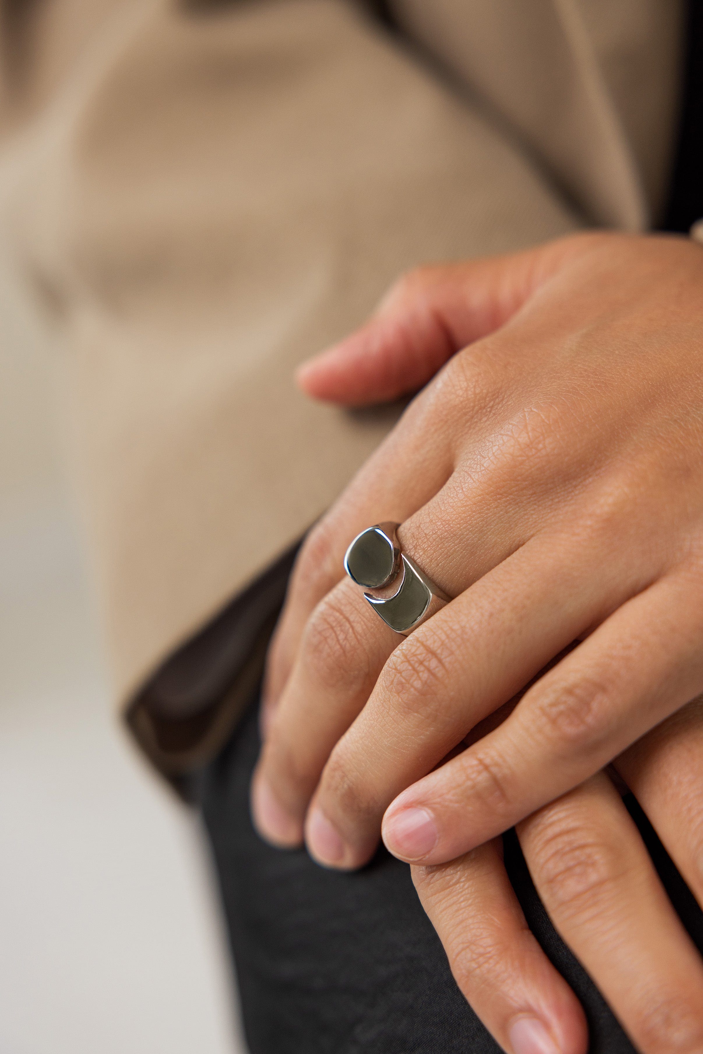 Front view of chunky gold ring showcasing bold moon-inspired split design