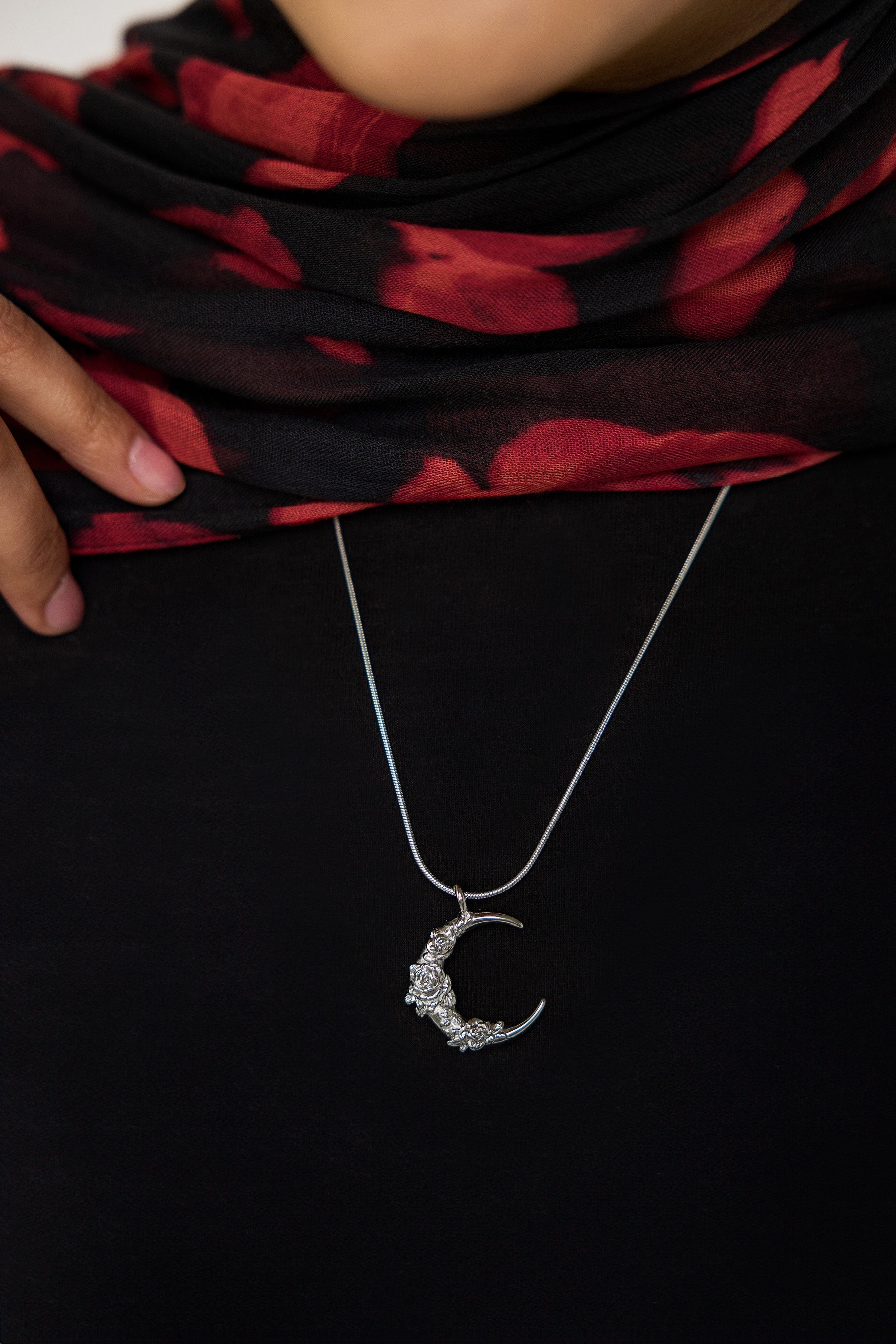 Elegant Damask Rose Crescent Moon Necklace showcased on the Harmony Chain at 22 inches.