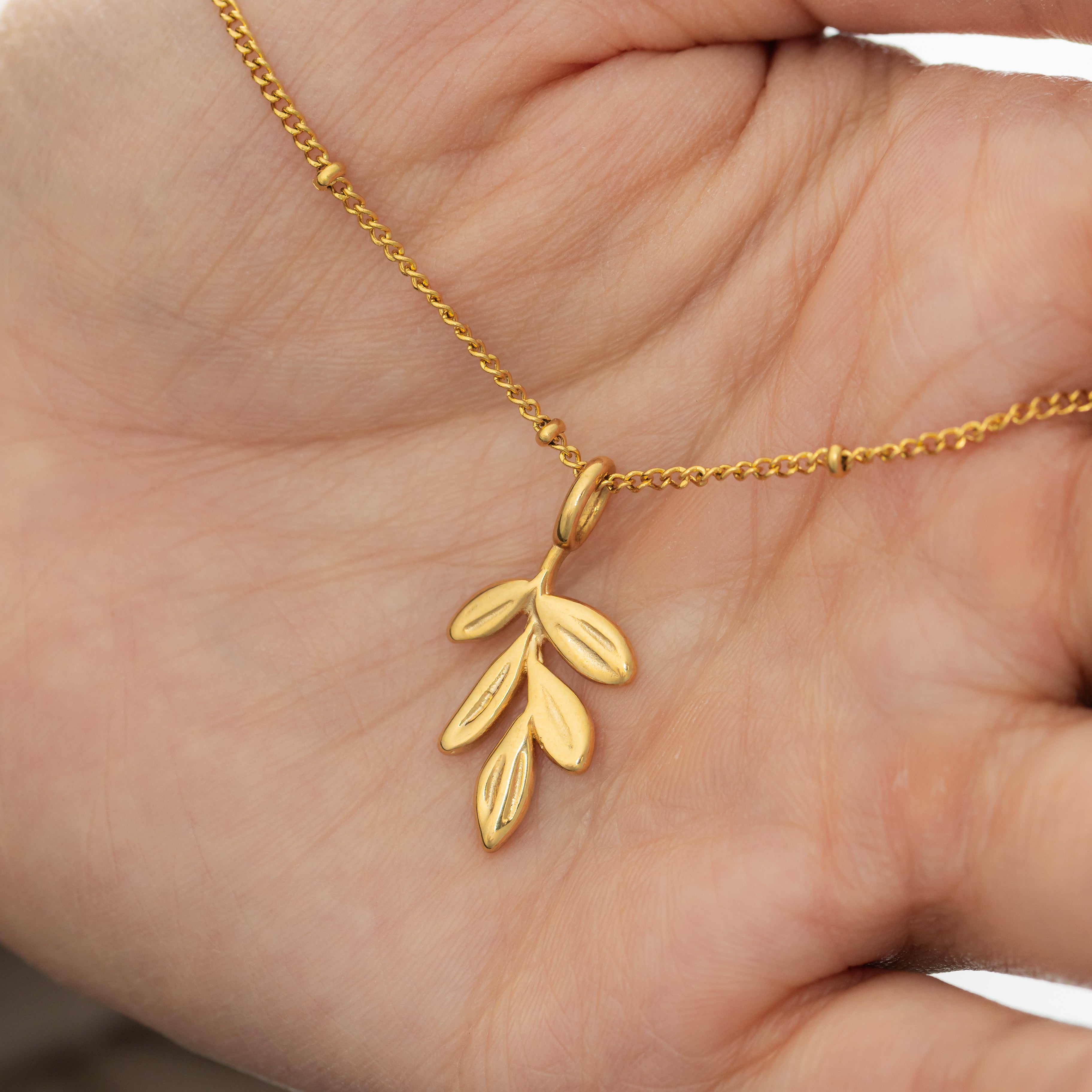 Timeless Olive Branch Gold Charm in a velvet pouch, perfect for gifting.