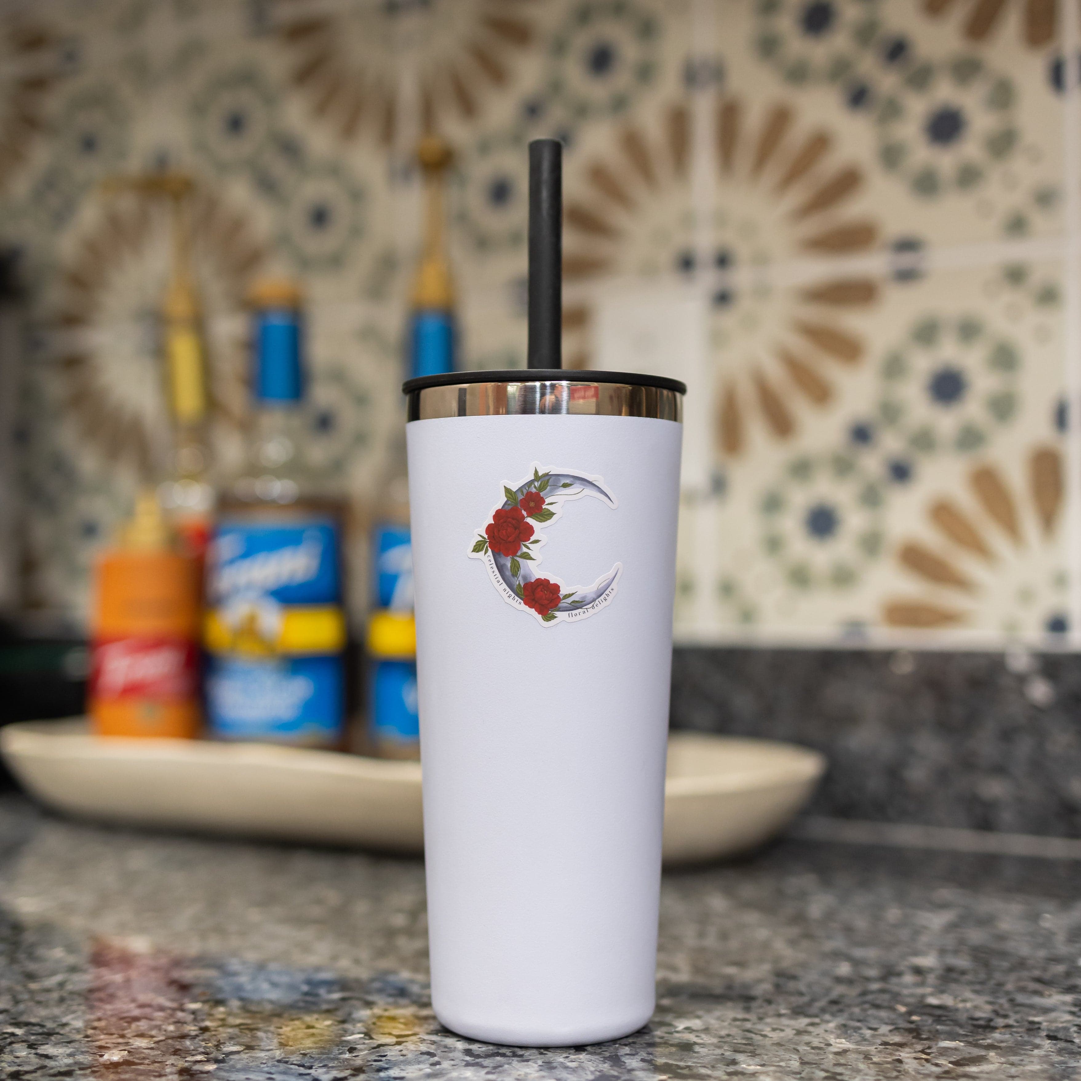 Floral crescent moon sticker, adding a touch of enchantment.
