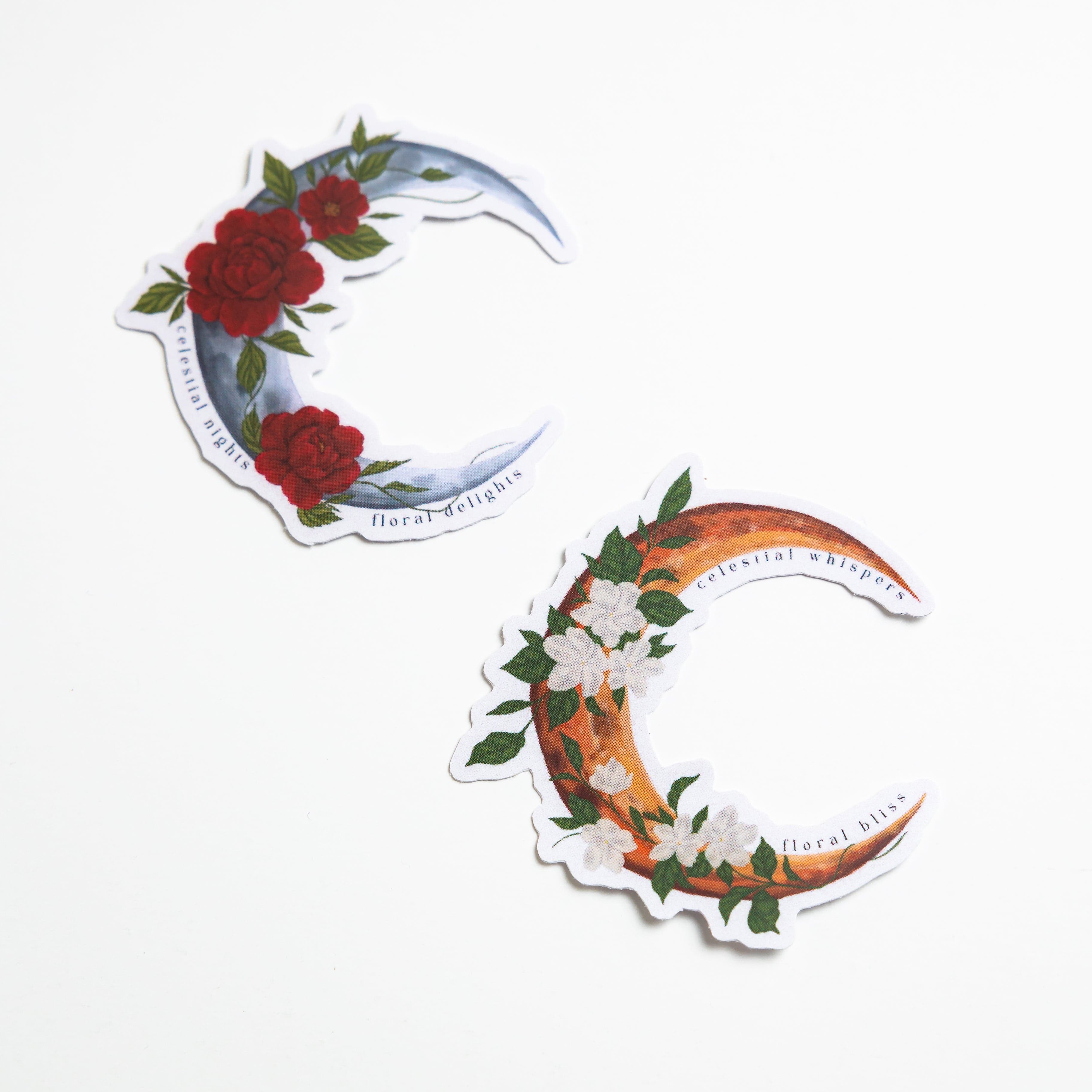 Floral crescent moon sticker, adding a touch of enchantment.