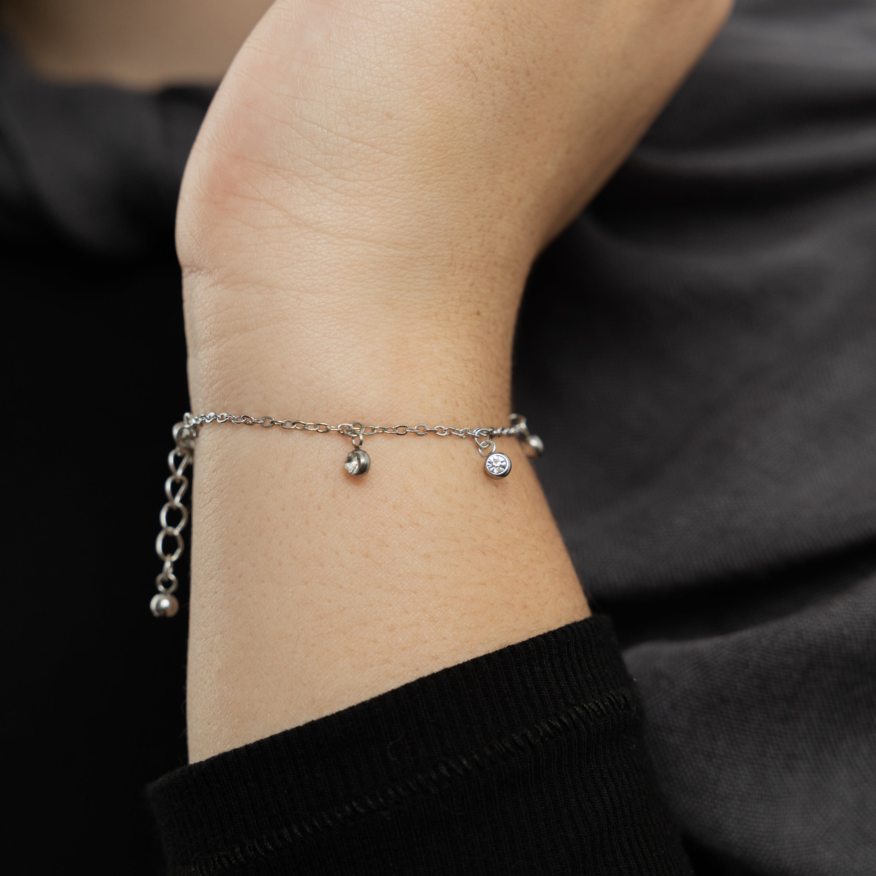 Model wearing the statement bracelet with casual outfit, showcasing versatility