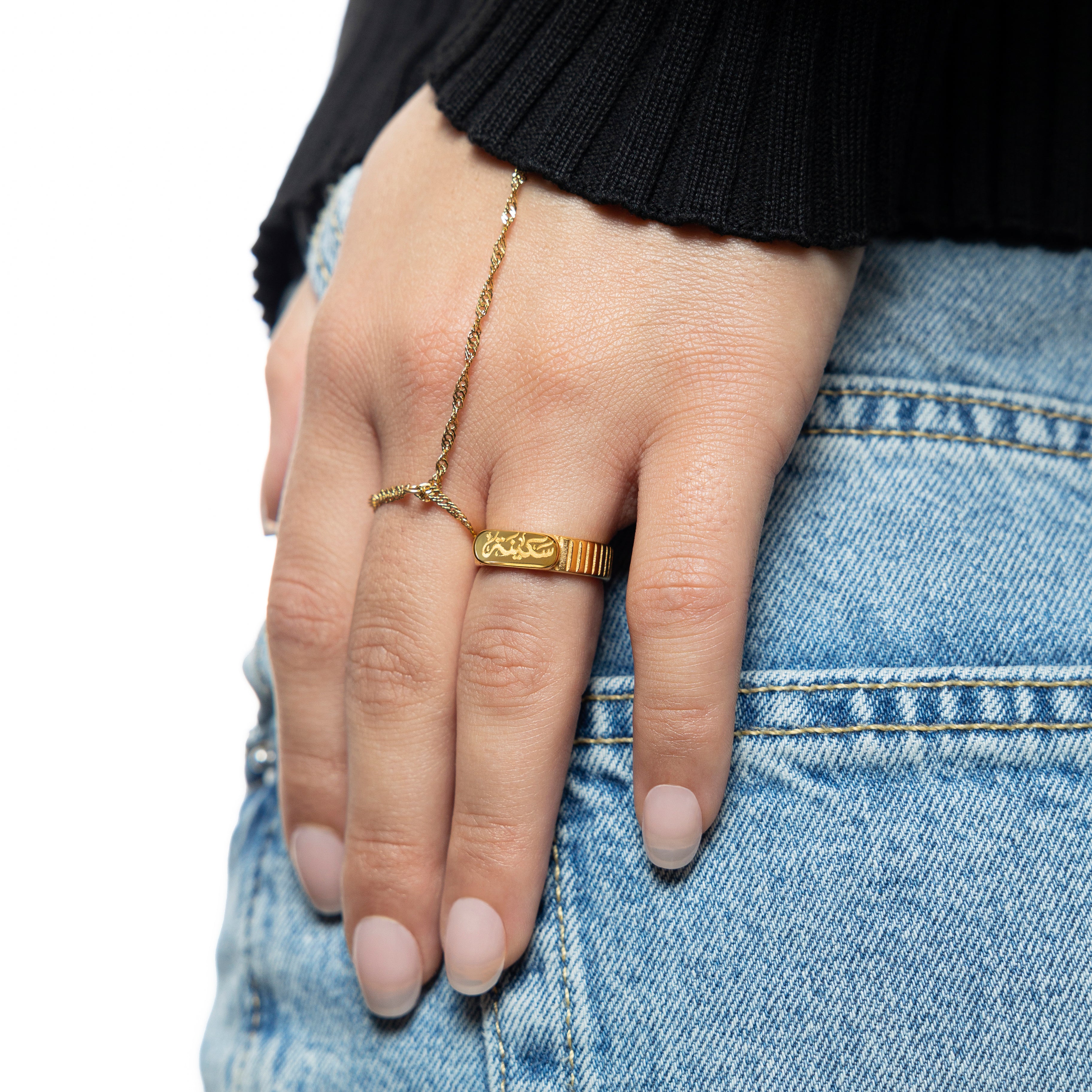 Side view of serenity ring with ridged band and soft shine finish