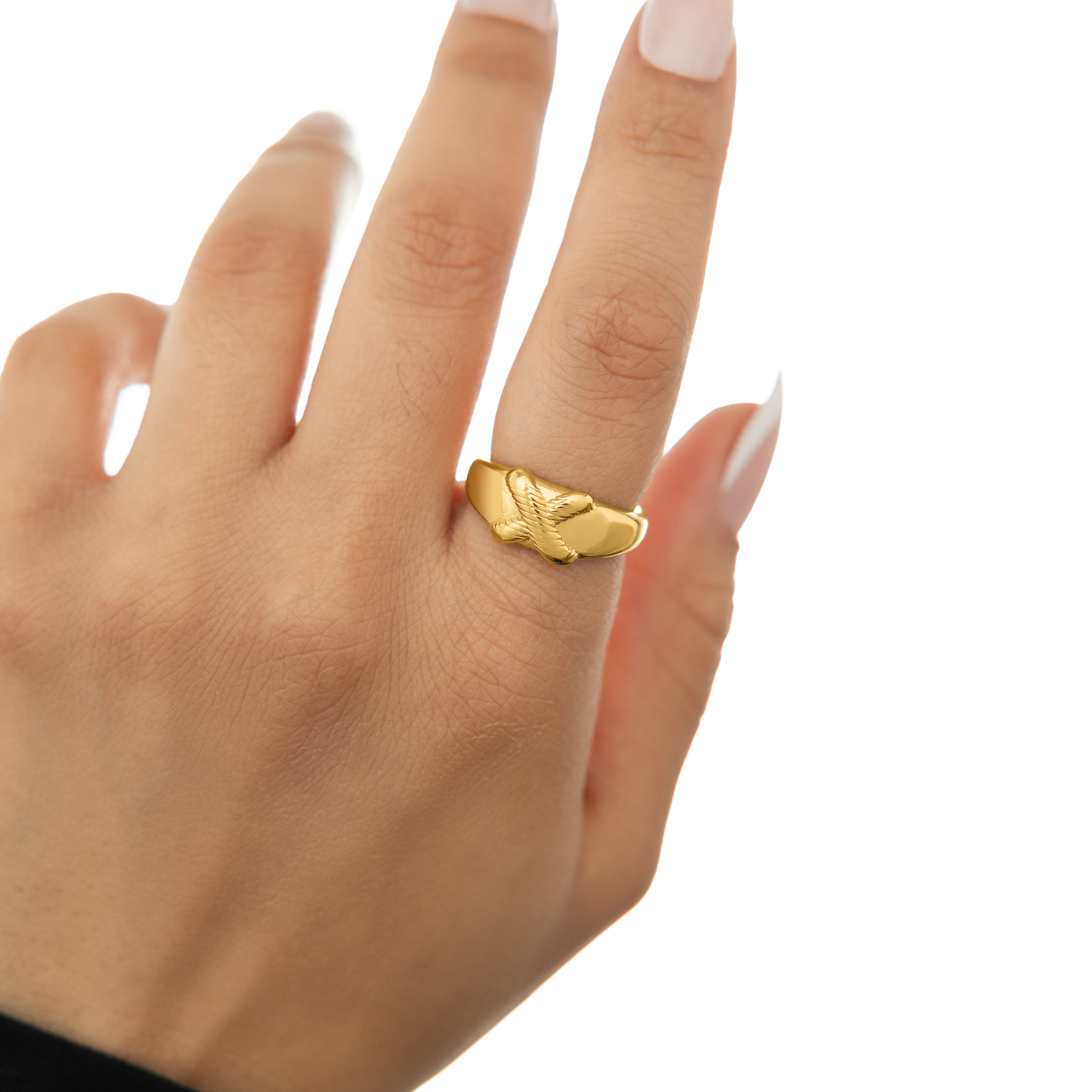 Close-up of the Empower Your Impact Gold Ring, showcasing its elegant design and 18k gold plating.