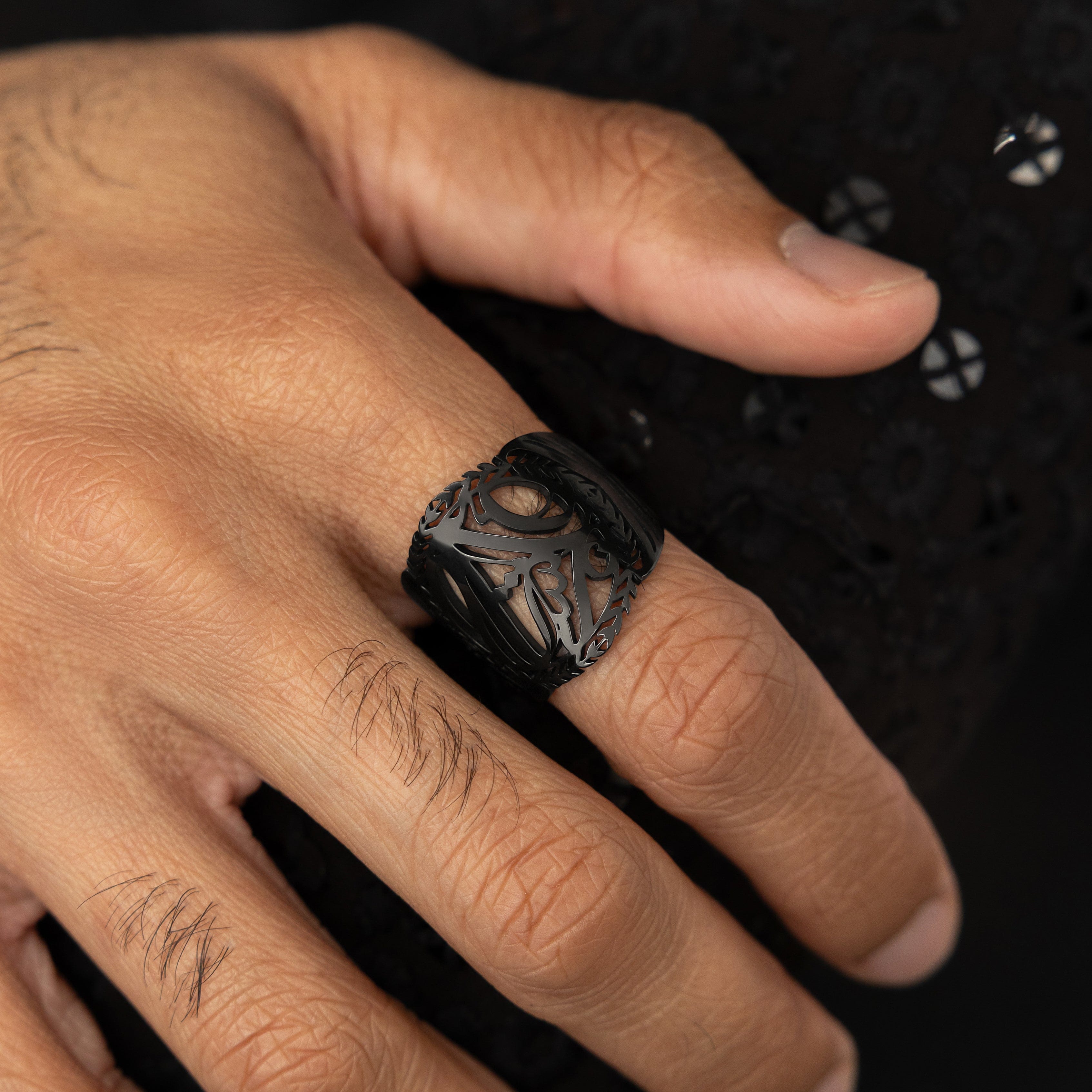 Close-up of the band width of the stainless steel ring, emphasizing its design and craftsmanship
