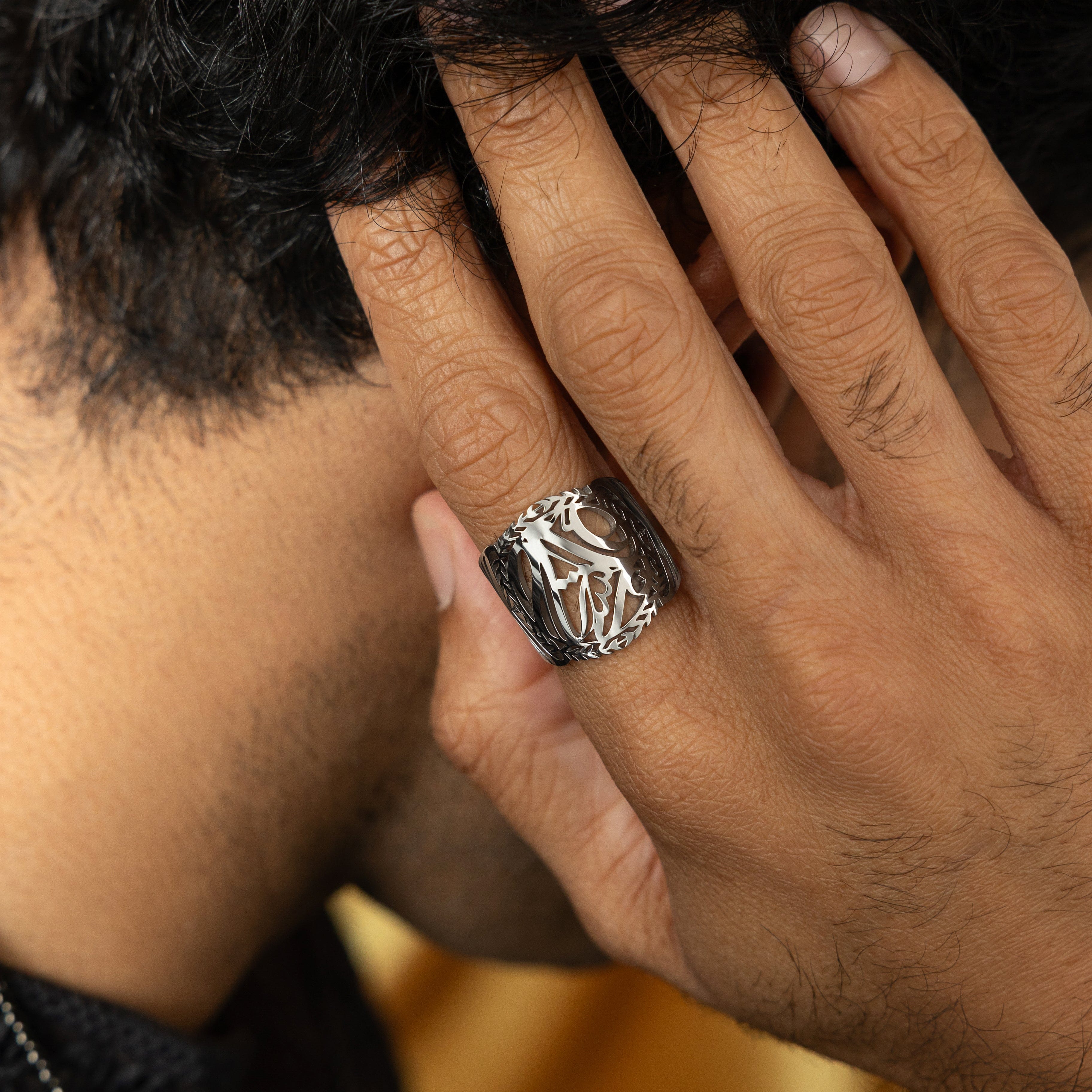 Close-up of the band width of the stainless steel ring, emphasizing its design and craftsmanship
