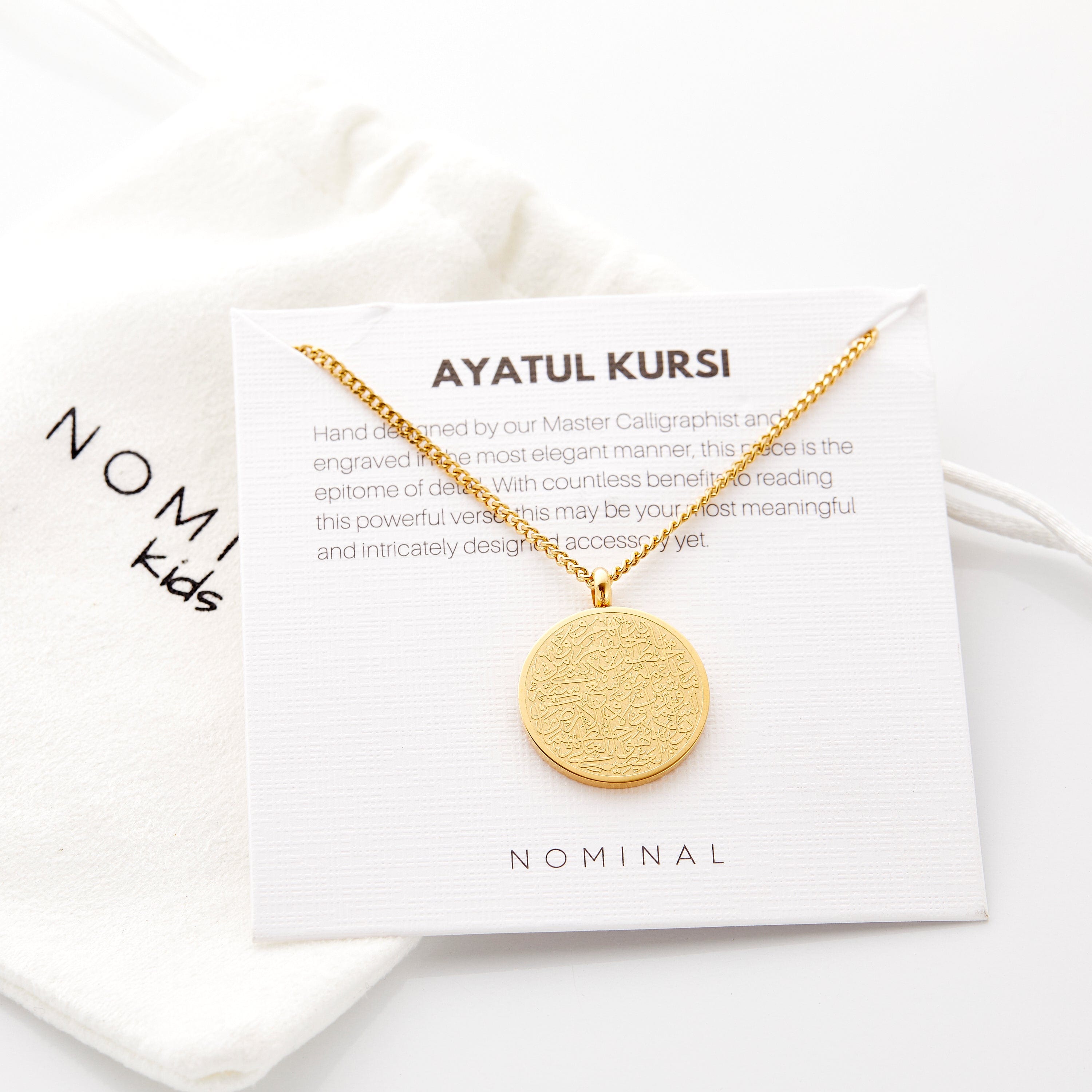 Close-up of the Ayatul Kursi pendant, highlighting its intricate details and craftsmanship.