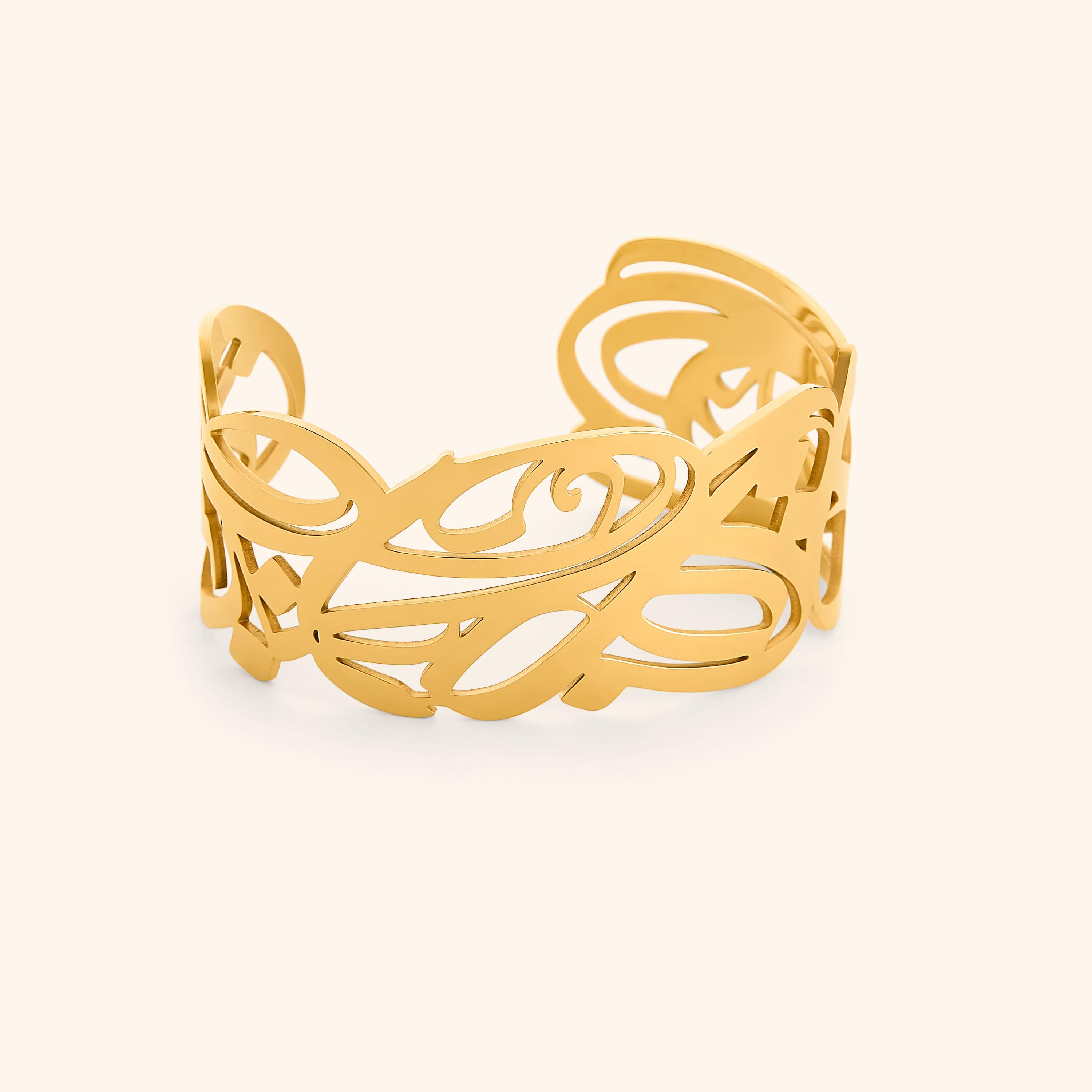 Elysian Grace Cuff showcasing Arabic calligraphy, perfect for sensitive skin.
