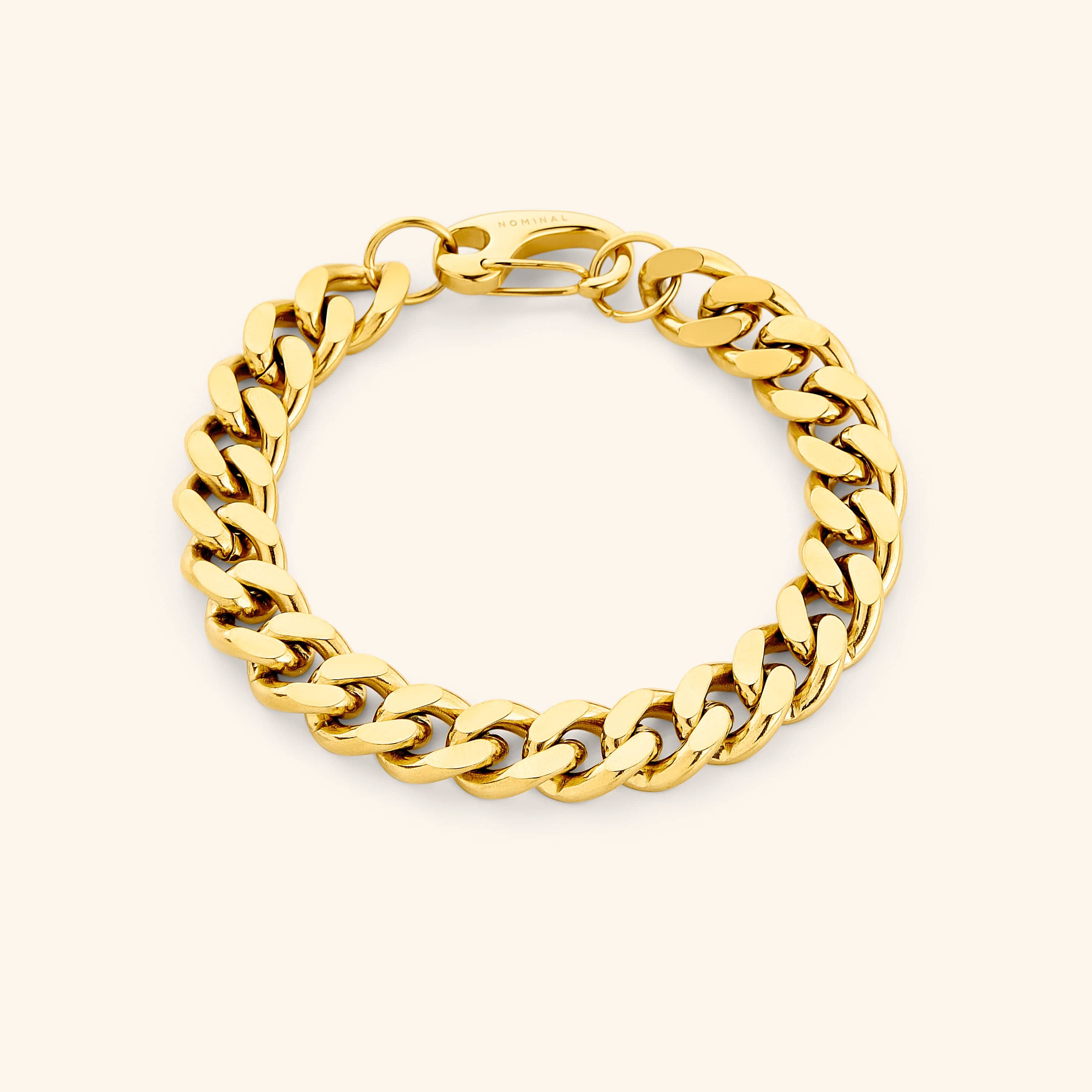 Close-up of the Premium Chunky Cuban Chain Bracelet showcasing its 10MM thickness and elegant gold finish.