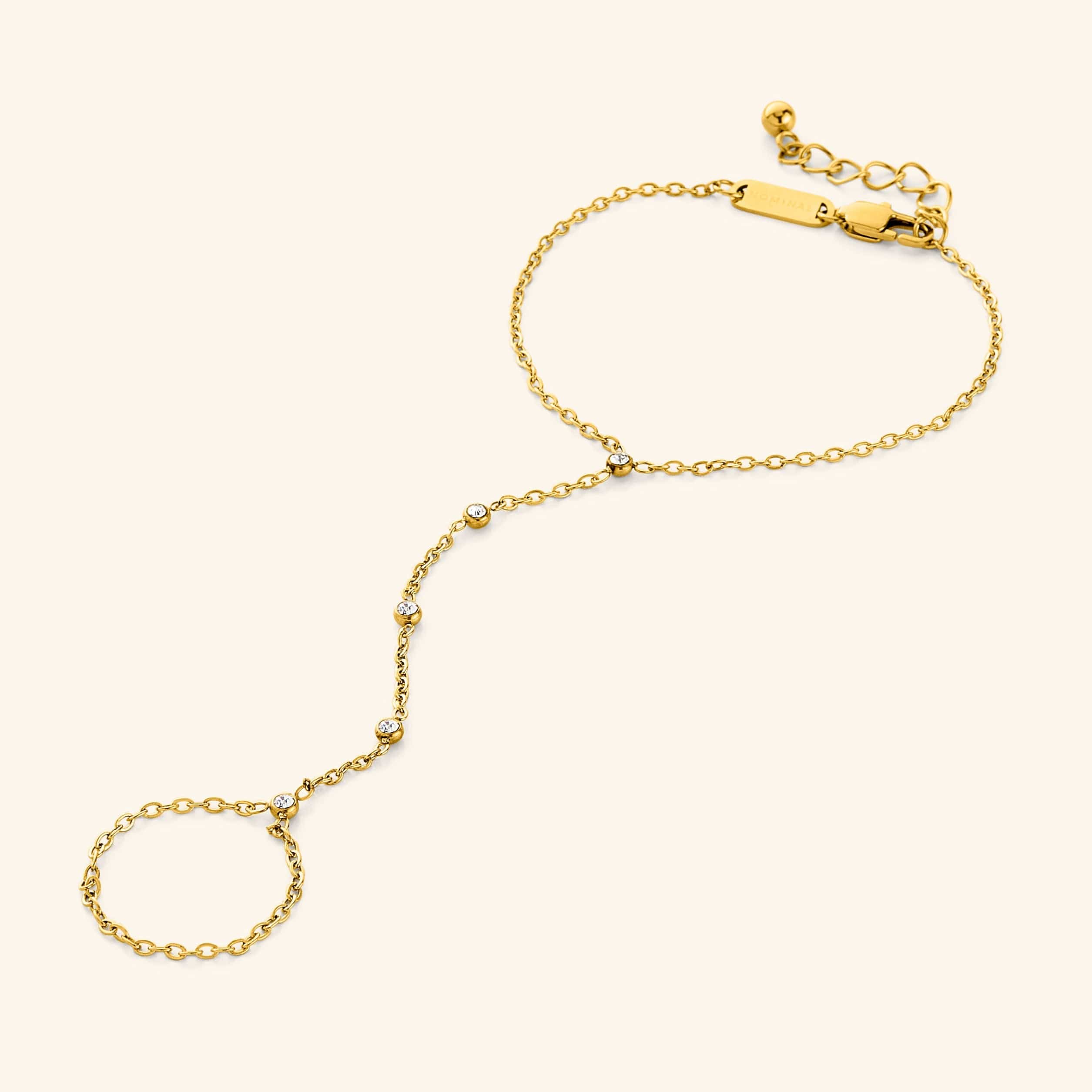 Close-up of Radiant Path Diamond Hand Chain highlighting its sparkling bezels and gold plating.