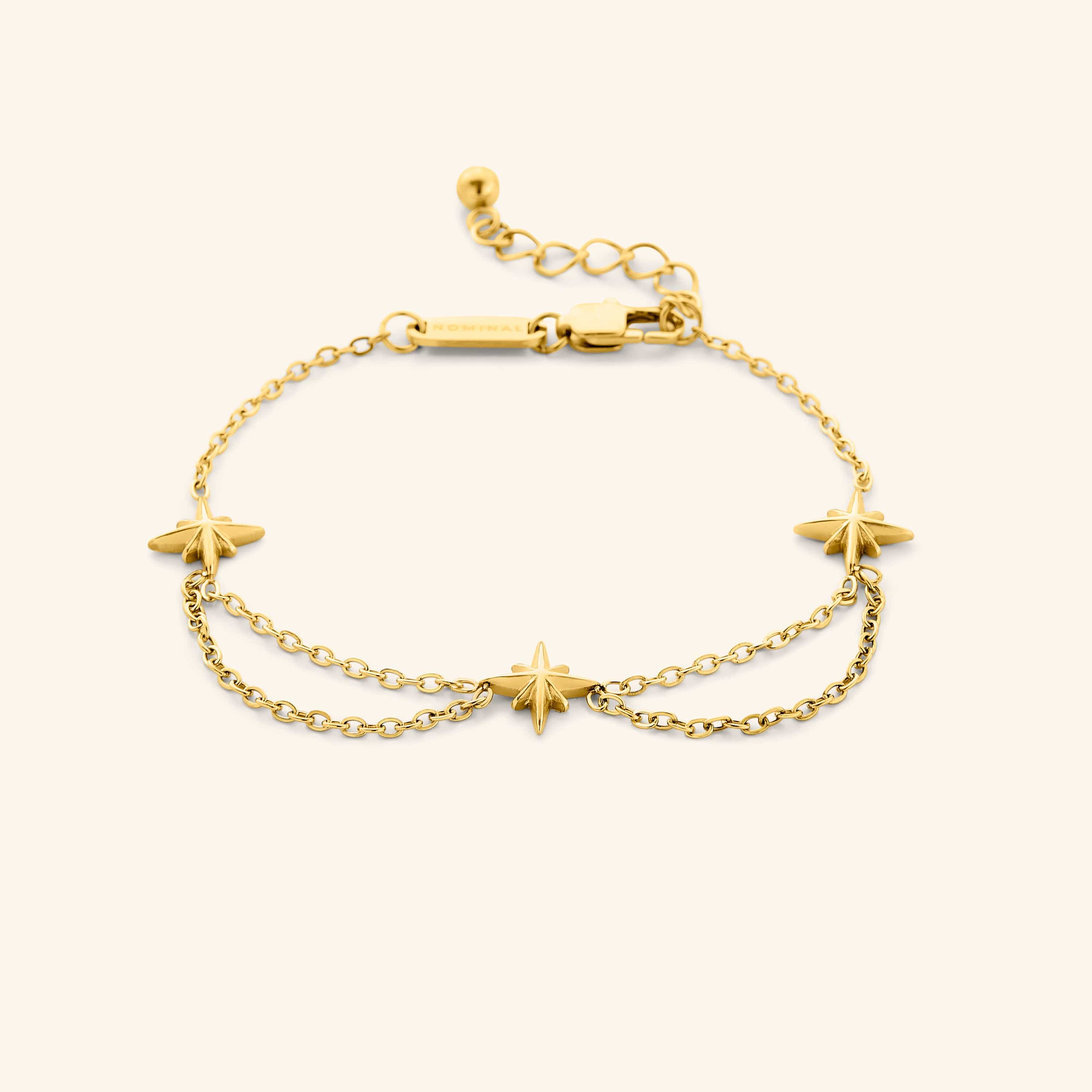 Close-up of the Guiding Star Bracelet highlighting the north star charms and gold plating.