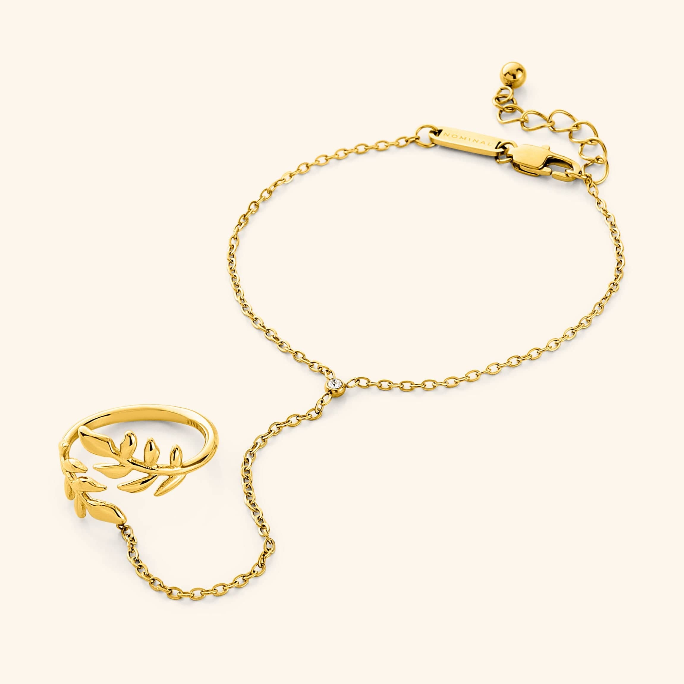 Close-up of the Elegant Olive Leaf Hand Chain displaying its intricate design and stone.