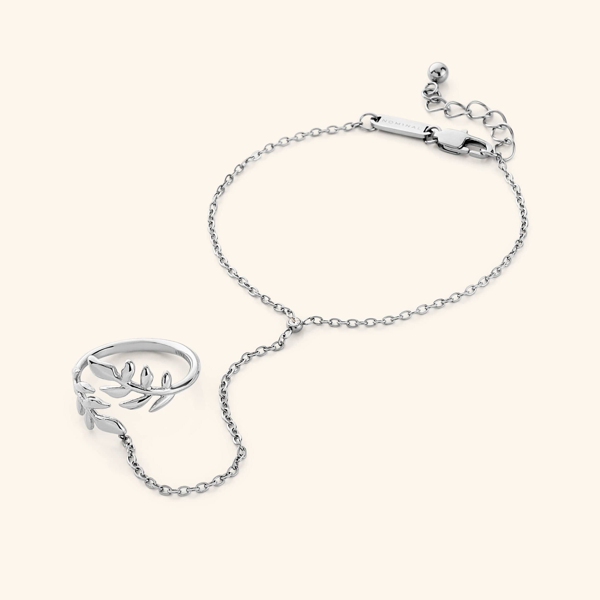Model wearing the Elegant Olive Leaf Hand Chain, emphasizing its unique everyday wear jewelry style.