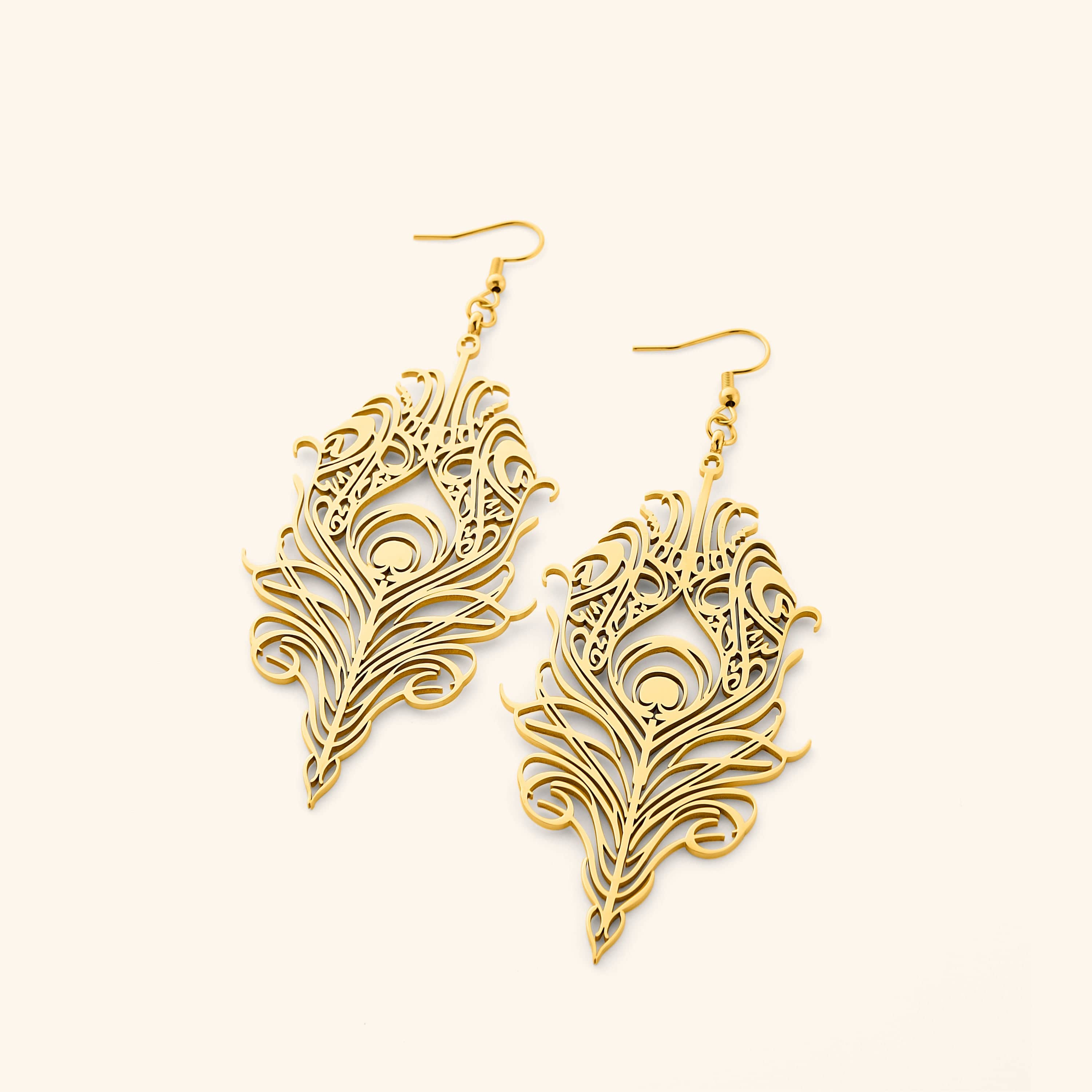 Close-up view of Eternal Bond Arabic calligraphy earrings showcasing intricate design and craftsmanship.