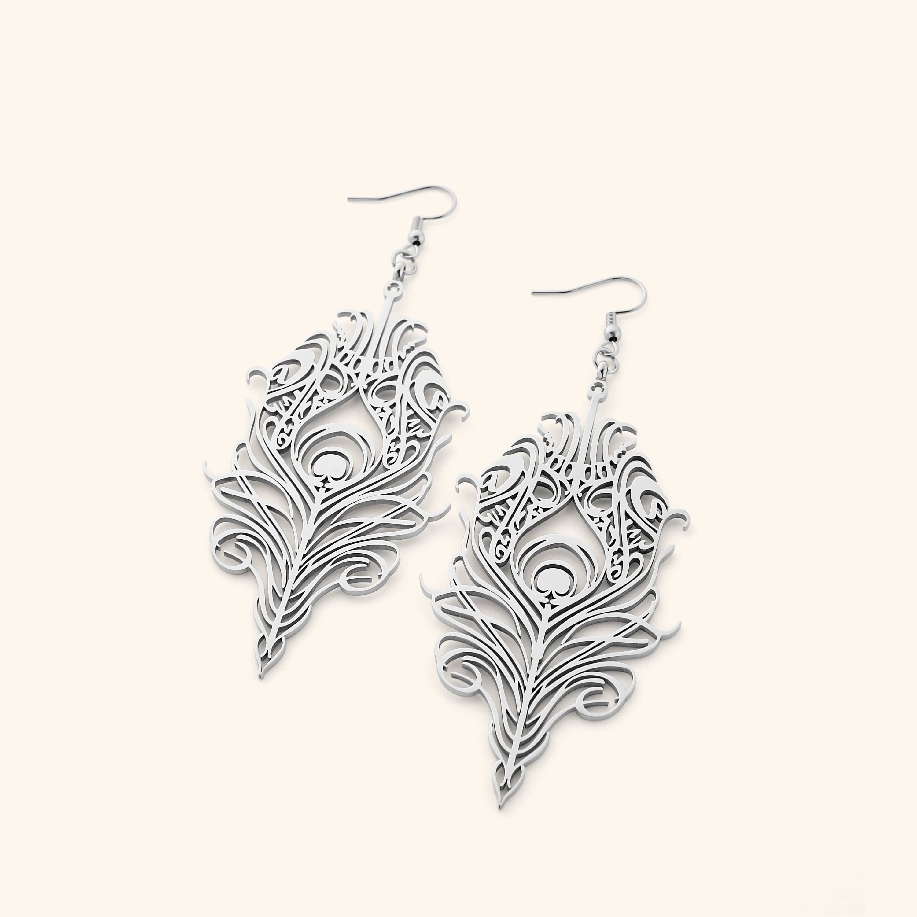 Close-up view of Eternal Bond Arabic calligraphy earrings showcasing intricate design and craftsmanship.