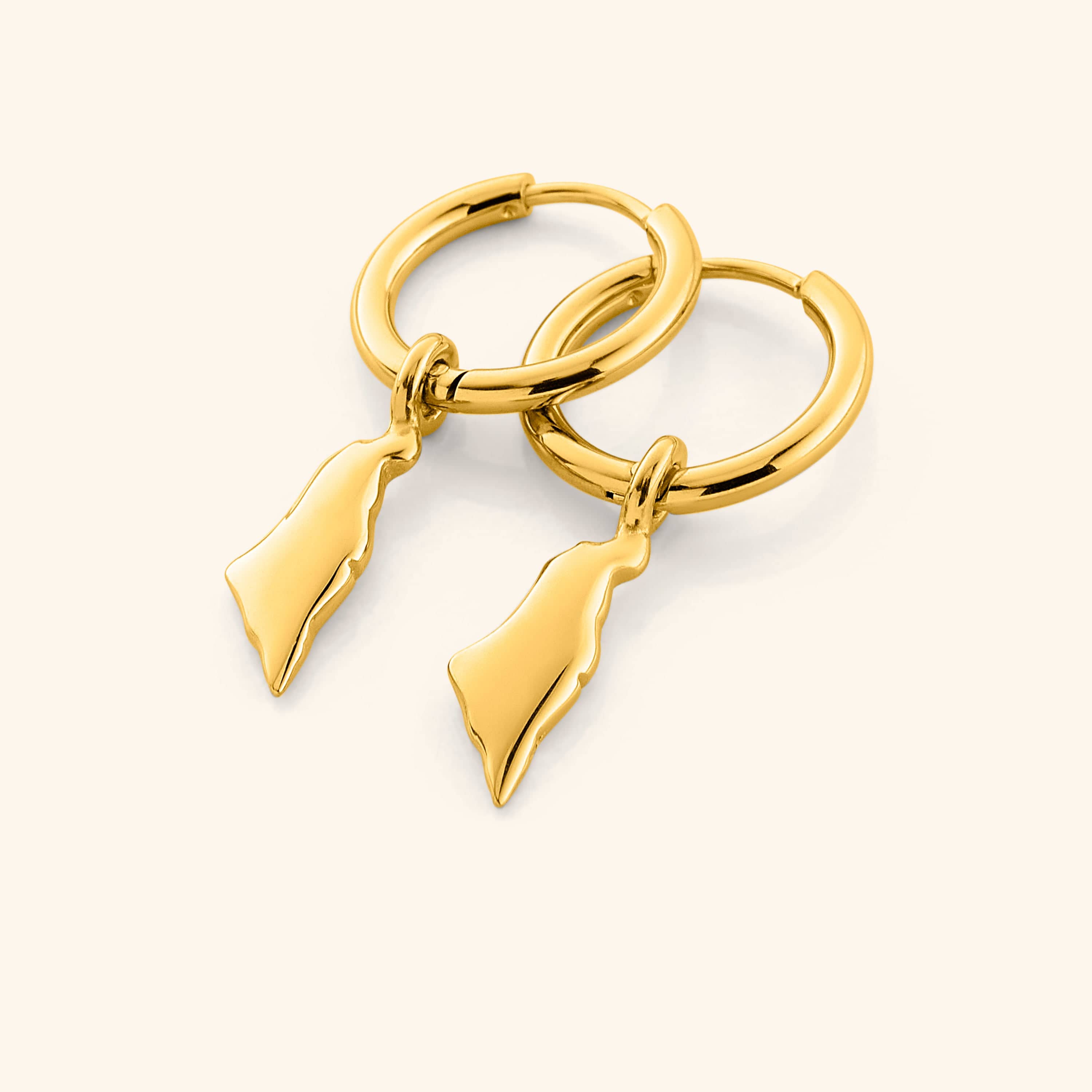 Close-up of personalized country map gold hoops showcasing their intricate design.