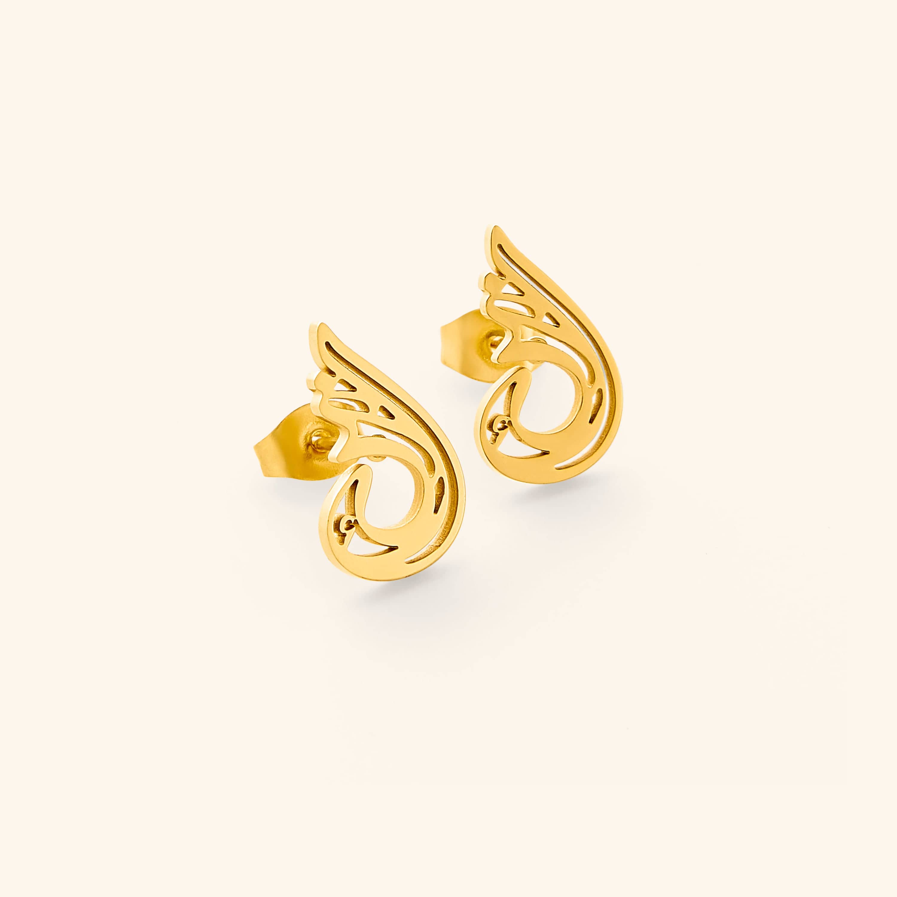 Serenity gold plated earrings showcasing intricate Arabic calligraphy, perfect for sensitive ears.