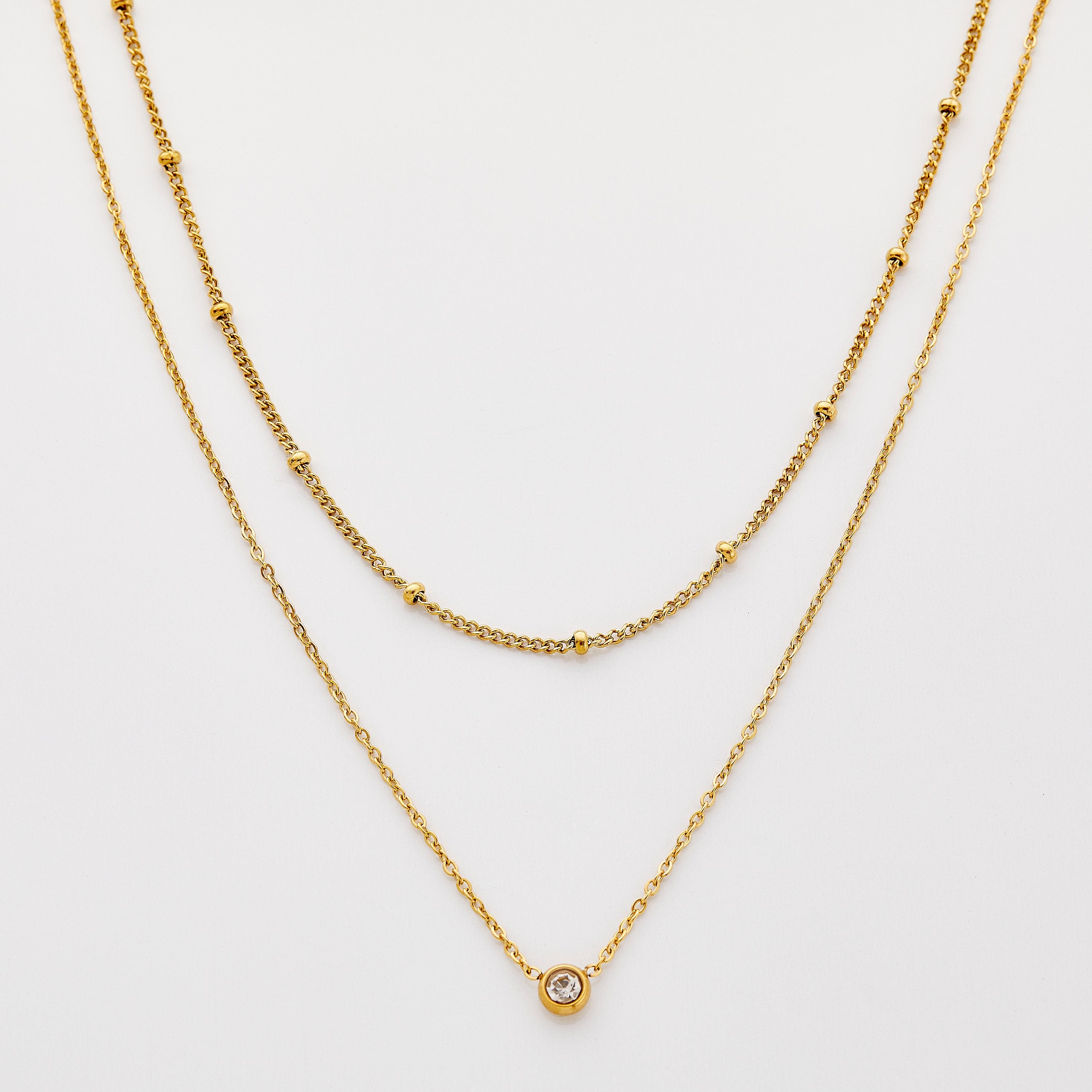 Elegant Dotted & Bezel Layering Necklace Set worn at 22 inches showcasing its adjustable features.