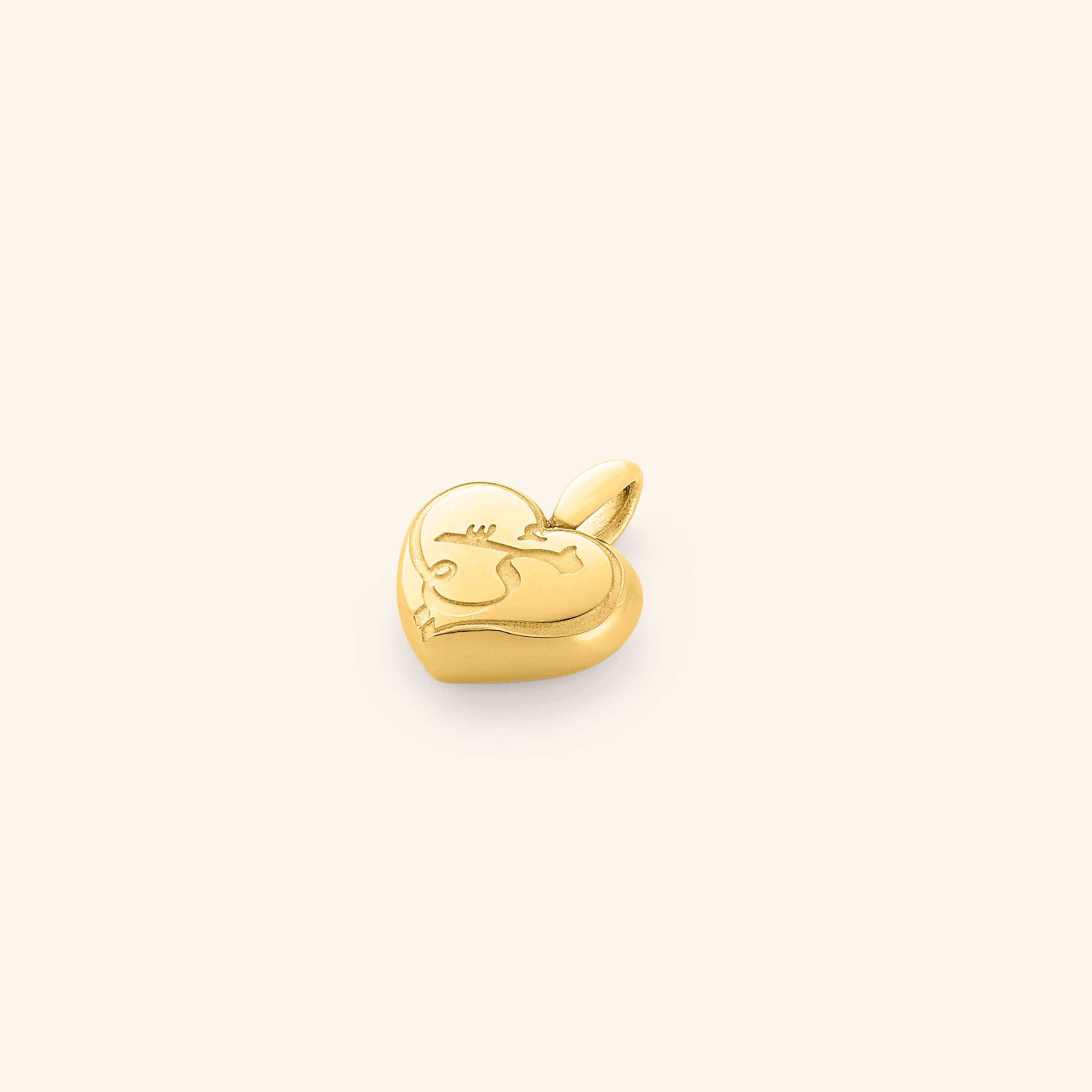 Close-up of Mama's Heart Gold Charm showing the engraved 'mama' text and puffed heart design.