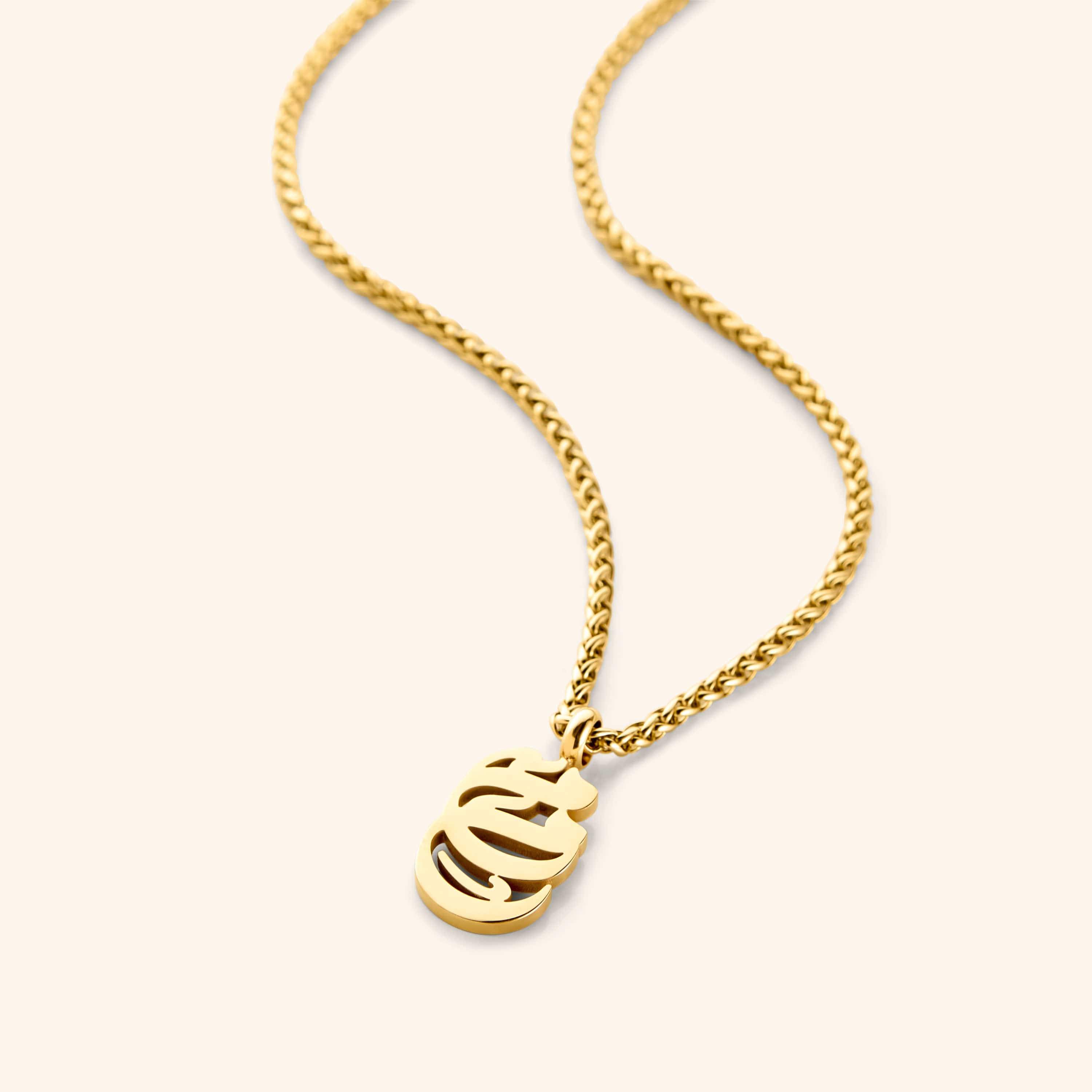 Elegant Mama Calligraphy Necklace worn at 22 inches, showcasing its delicate design.