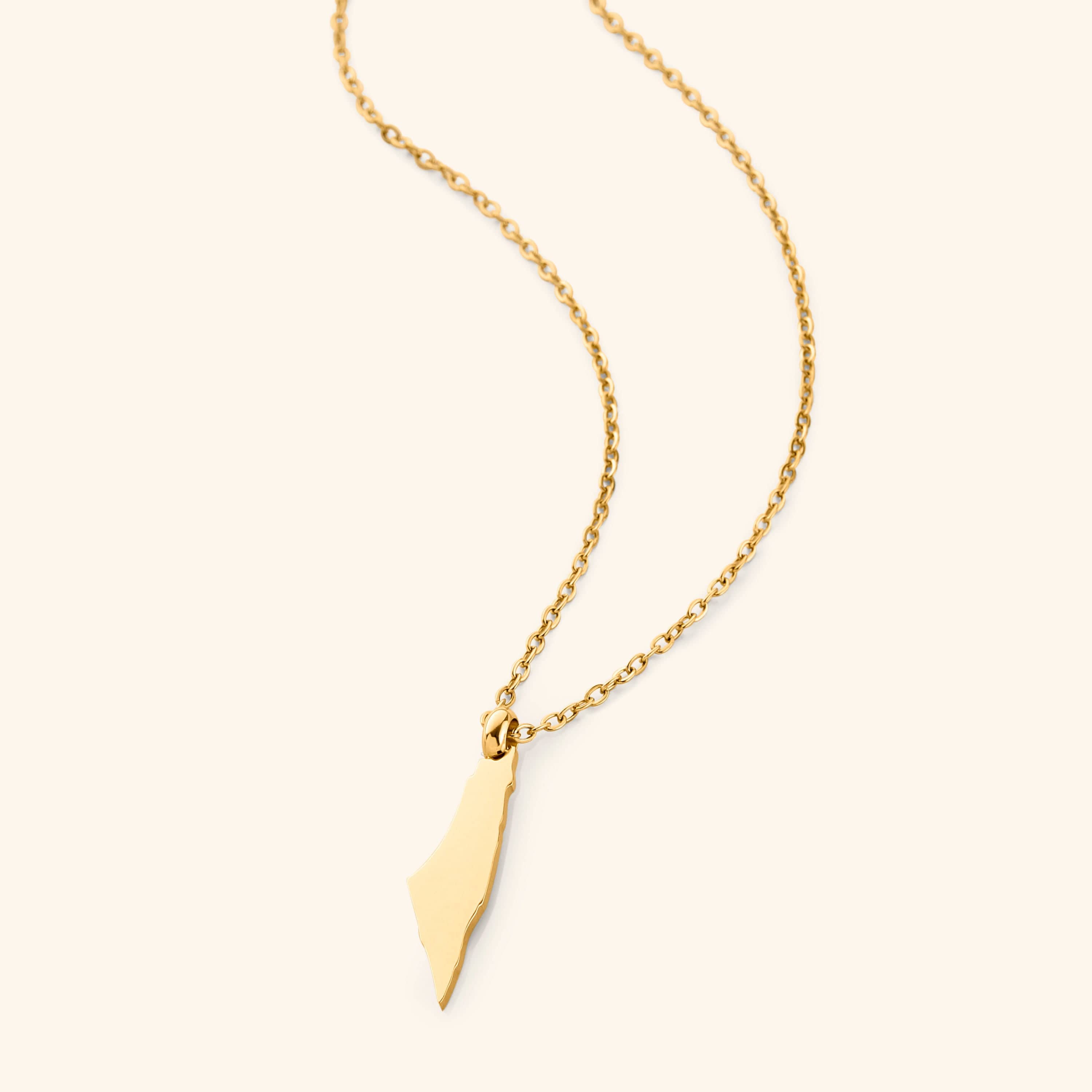 Close-up of the personalized country map necklace showcasing its intricate design and gold finish.
