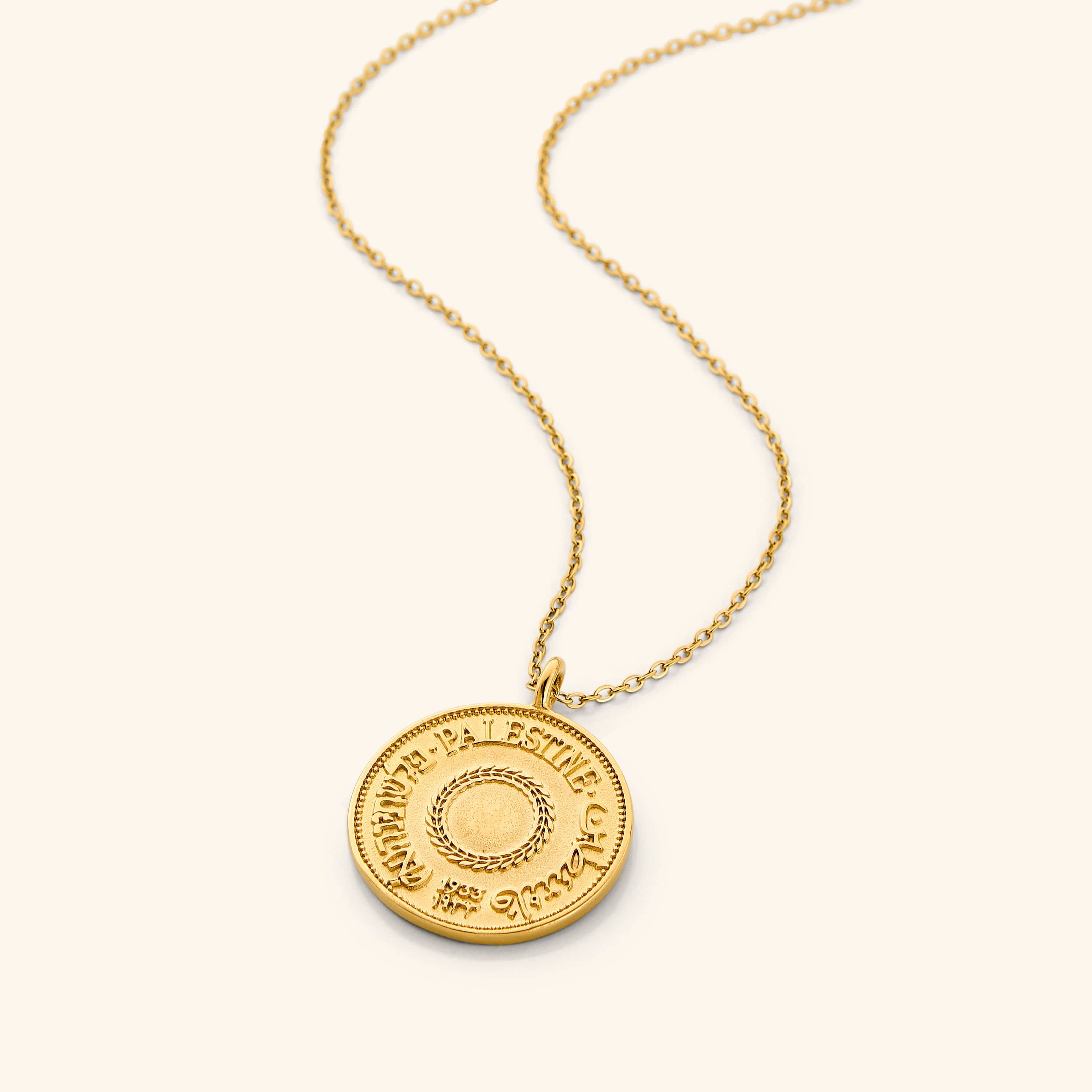 Close-up of the Heritage Coin Necklace showcasing its beautiful design and gold finish.