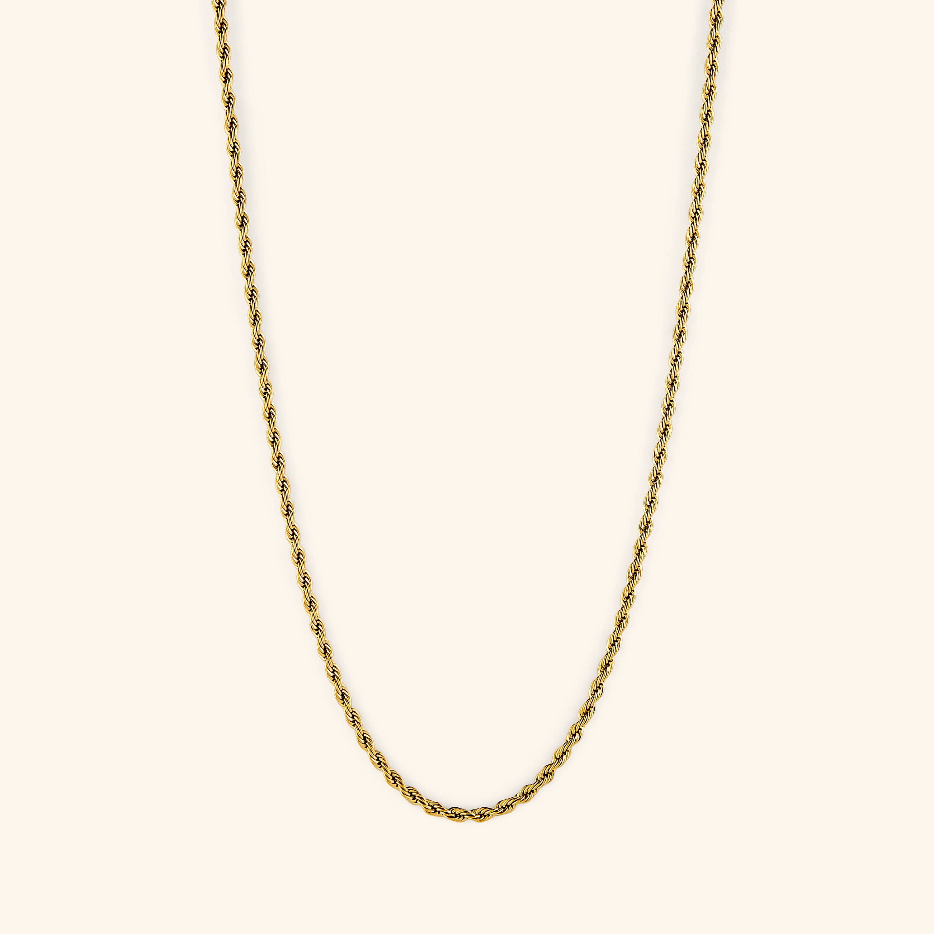 Close-up of GlowRope™ gold chain necklace showing rope detailing and 3mm thickness