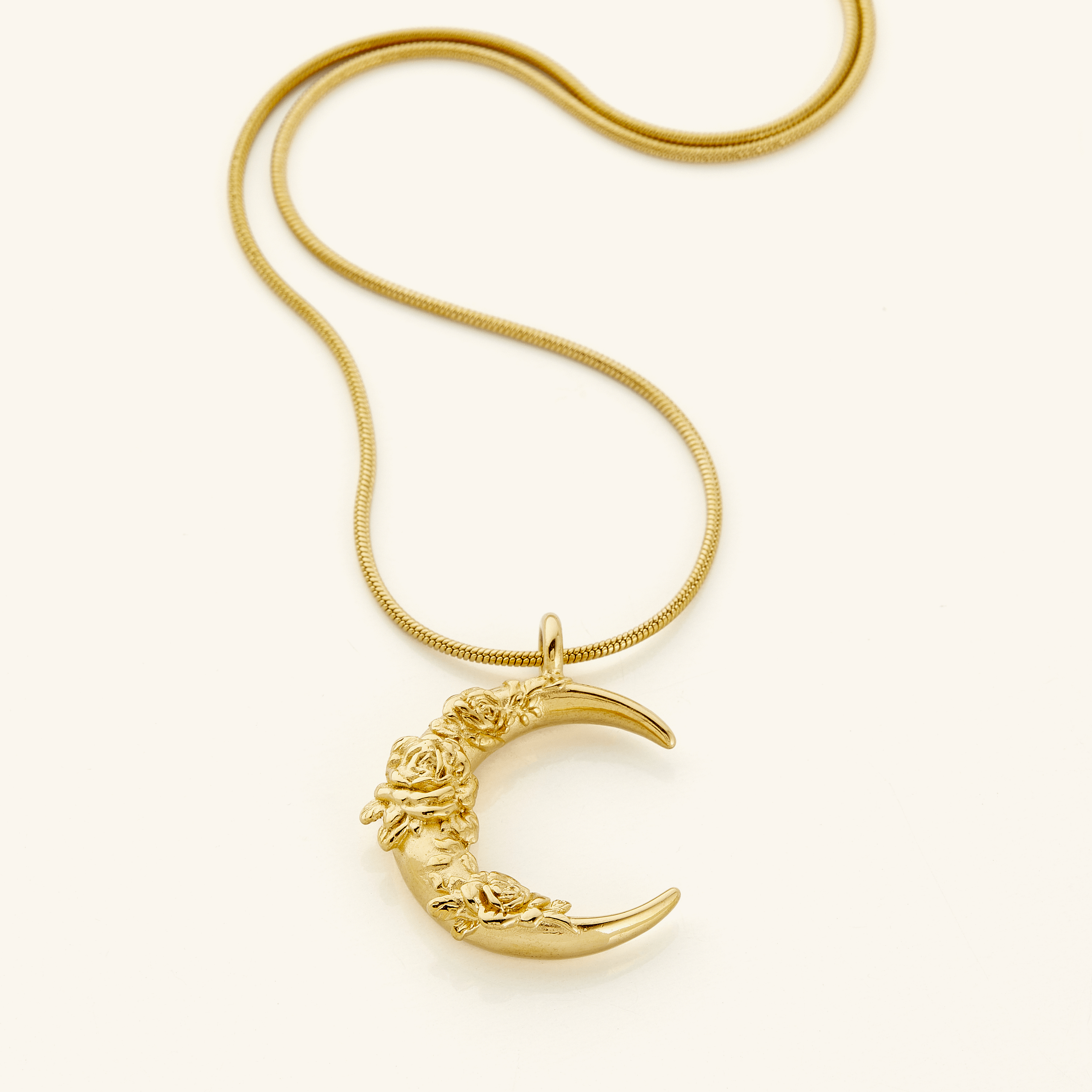 Elegant Damask Rose Crescent Moon Necklace showcased on the Harmony Chain at 22 inches.