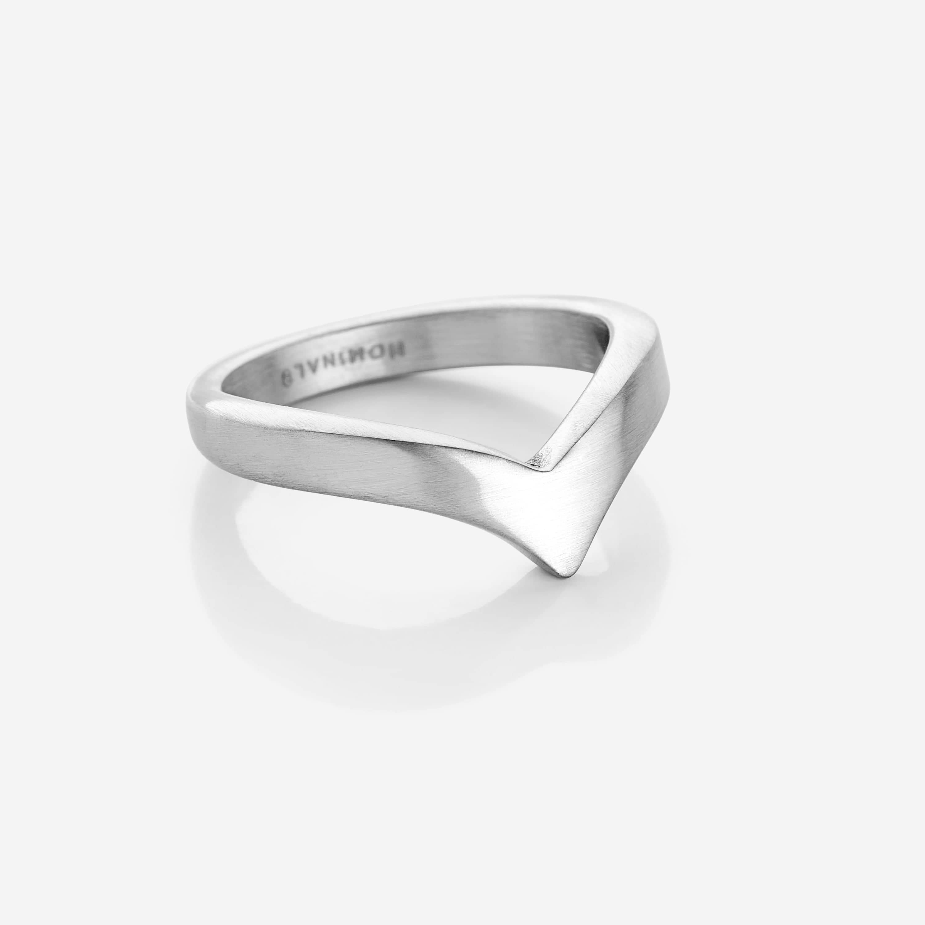 Close-up view of the men's V-shape stainless steel ring on a wooden background.