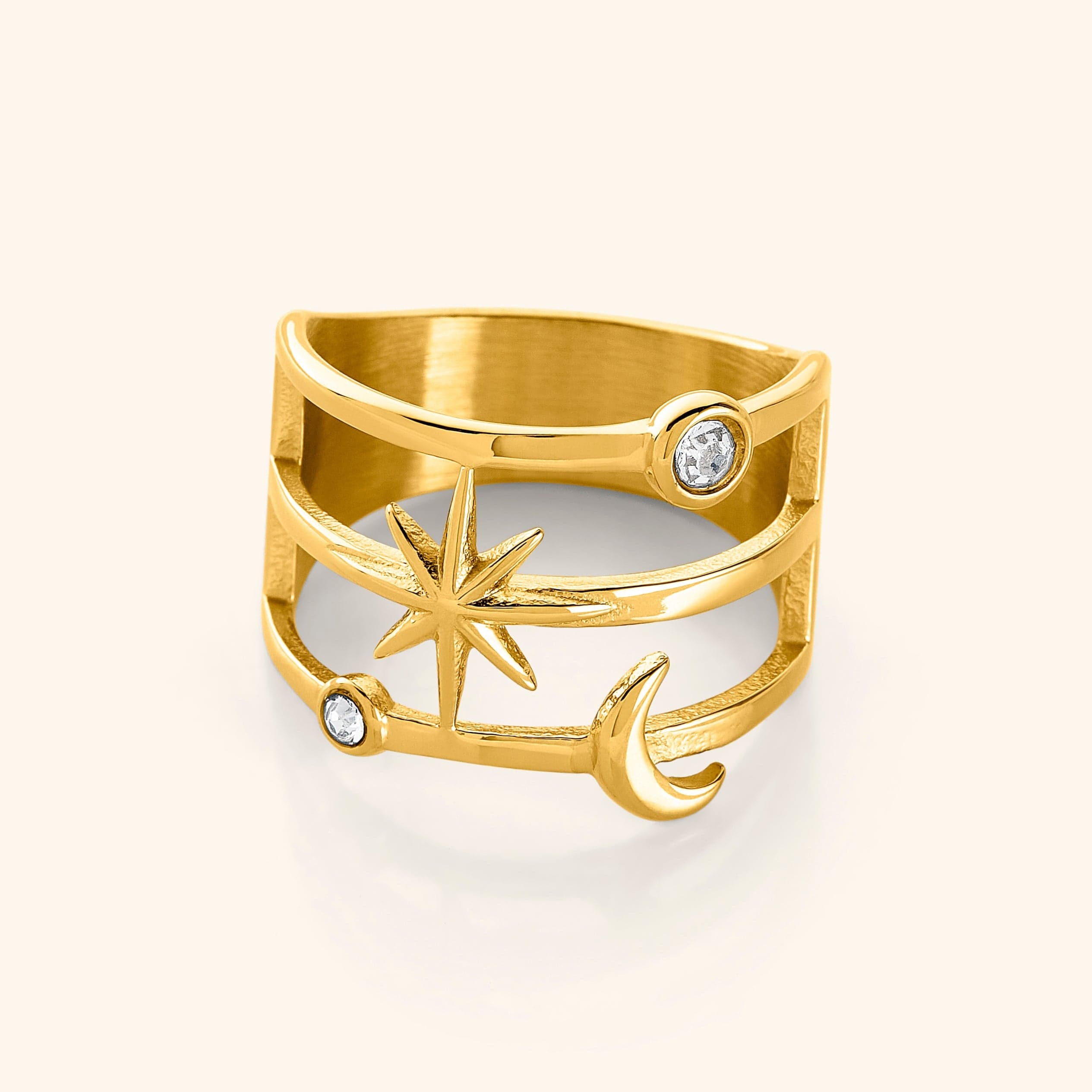 Celestial Luminous Stack Ring viewed from the top, highlighting its intricate design.