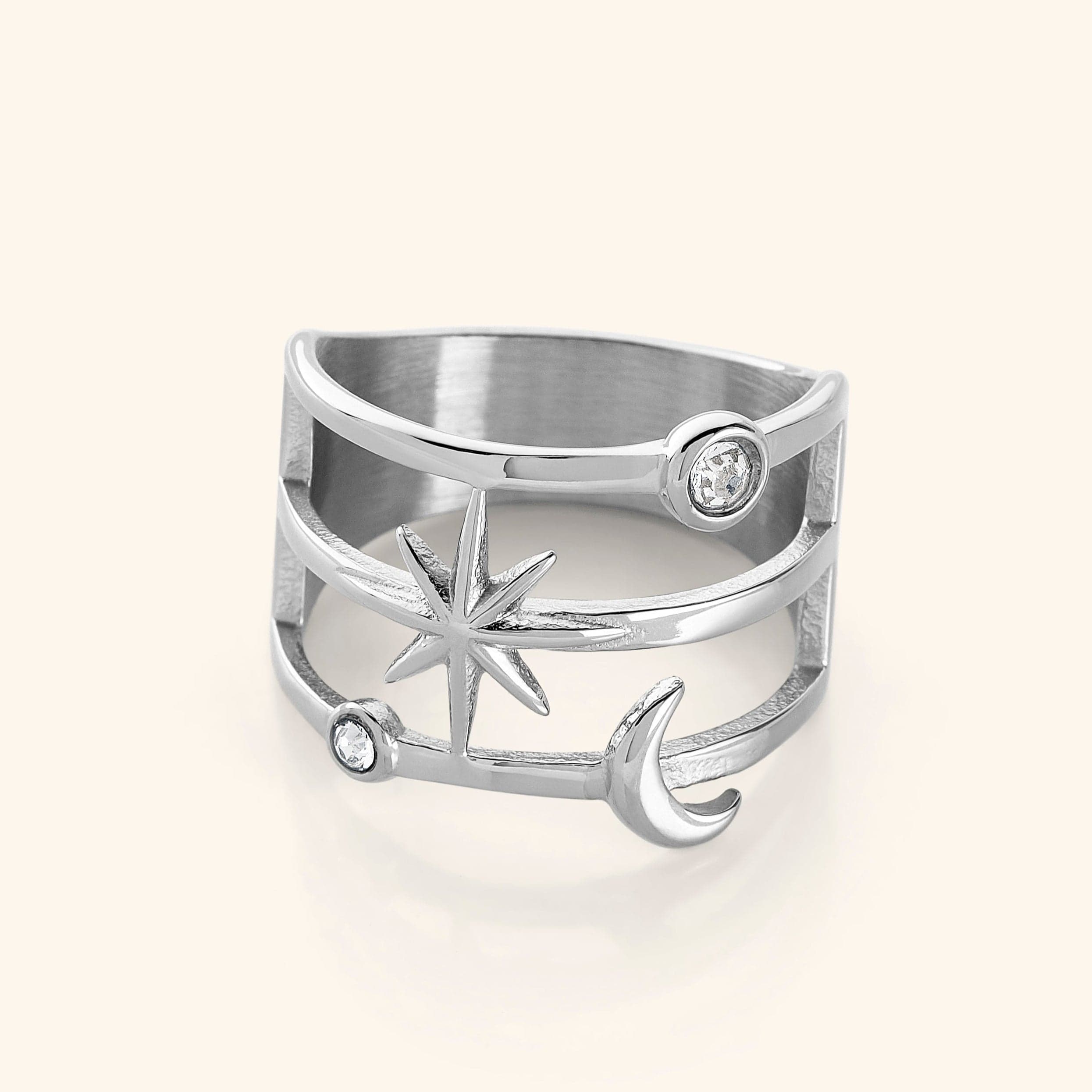 Side view of the Celestial Luminous Stack Ring, showcasing the delicate crescent and luminous bezels.