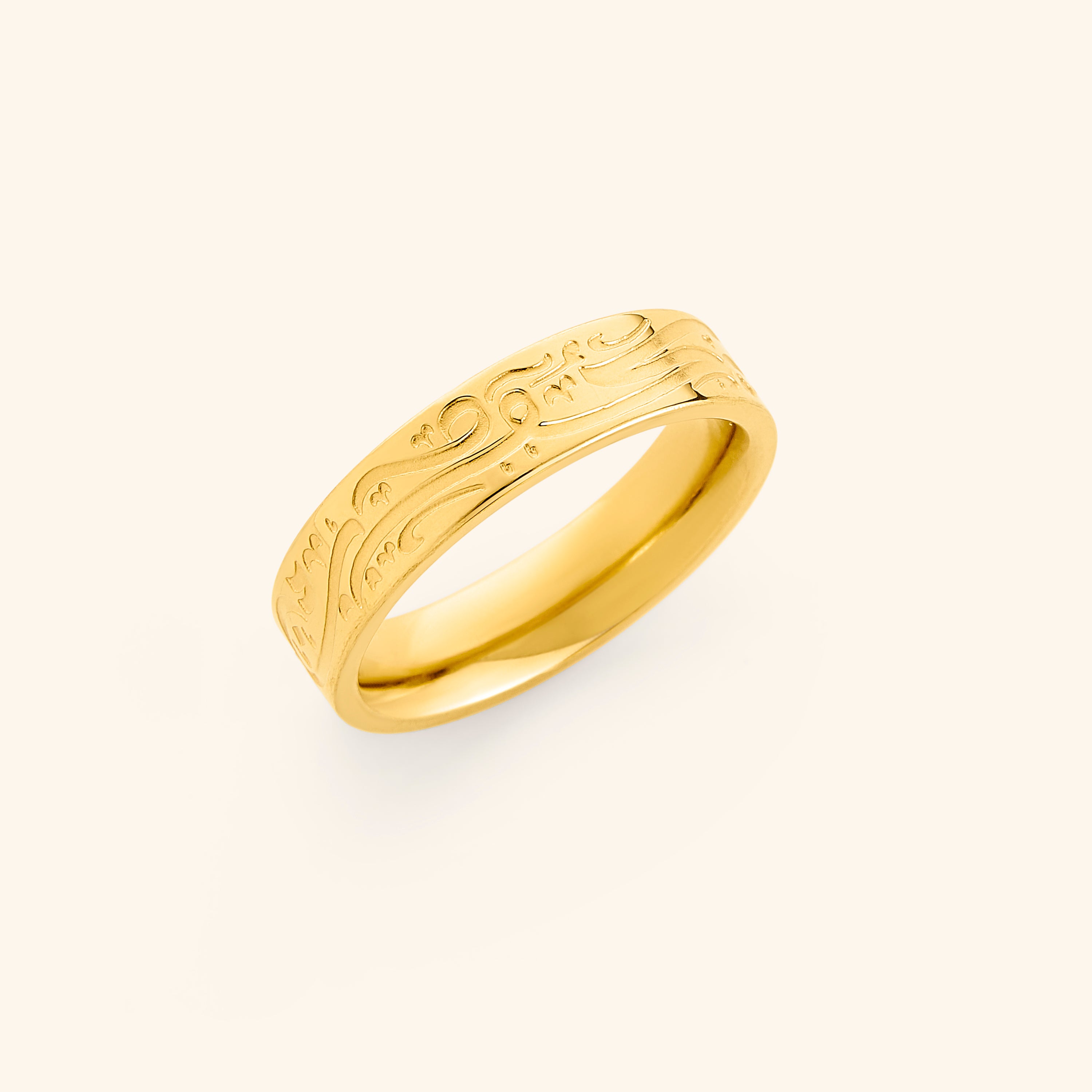 Close-up view of the Divine Possibility Calligraphy Ring, showcasing the intricate Arabic engraving.