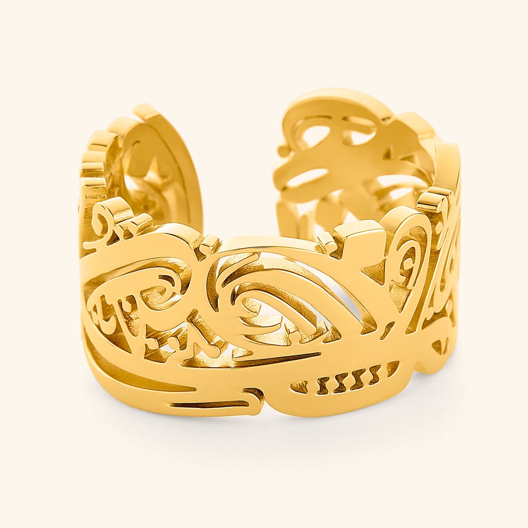 EASE resilient women's ring shown from the top, highlighting the Arabic calligraphy design.