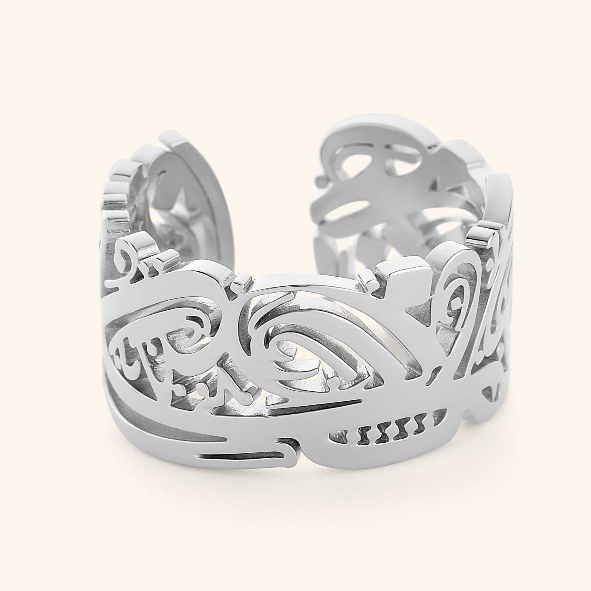EASE resilient womens ring shown from the top, highlighting the Arabic calligraphy design.