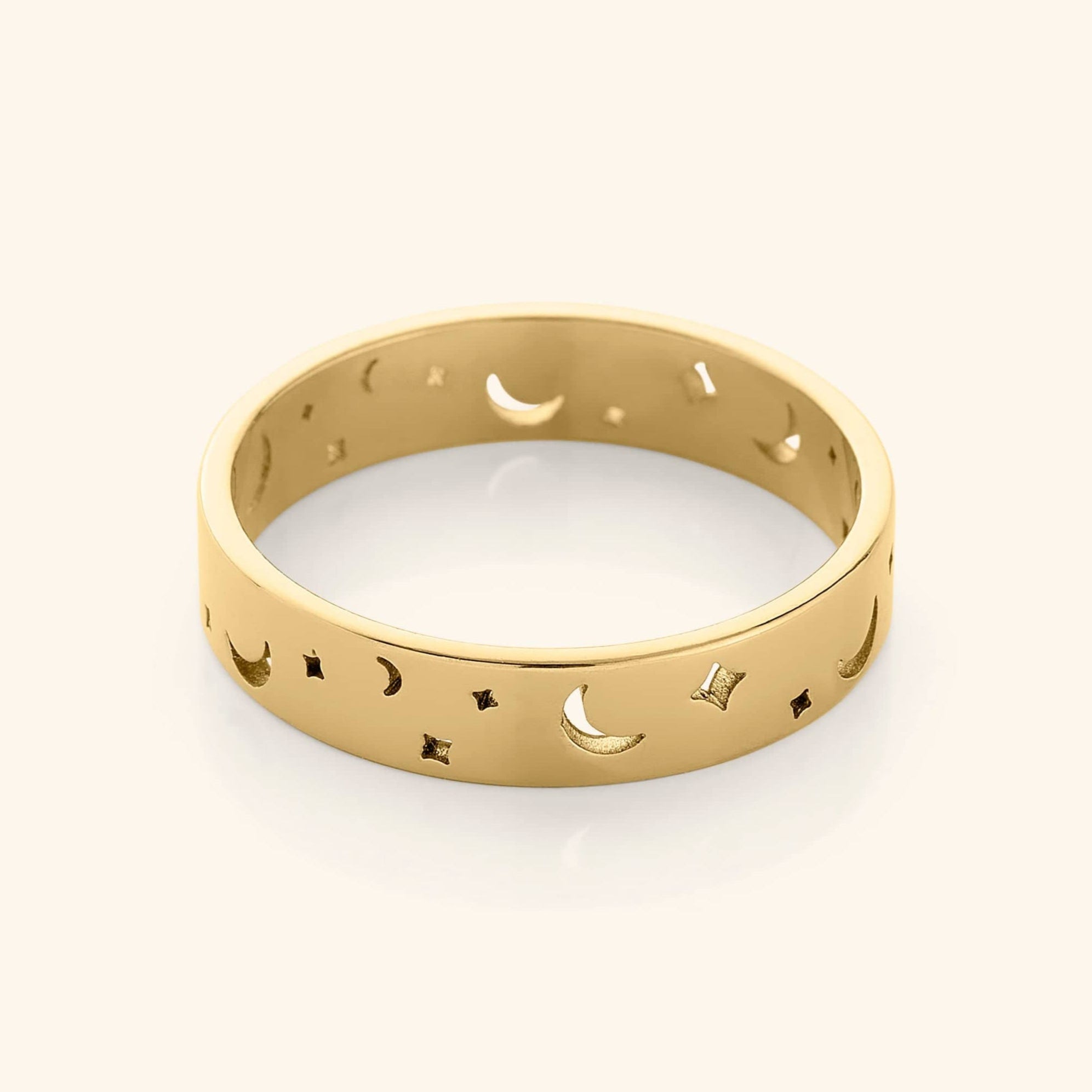 Celestial Dreams Gold Ring showcasing crescents and stars from a top angle.