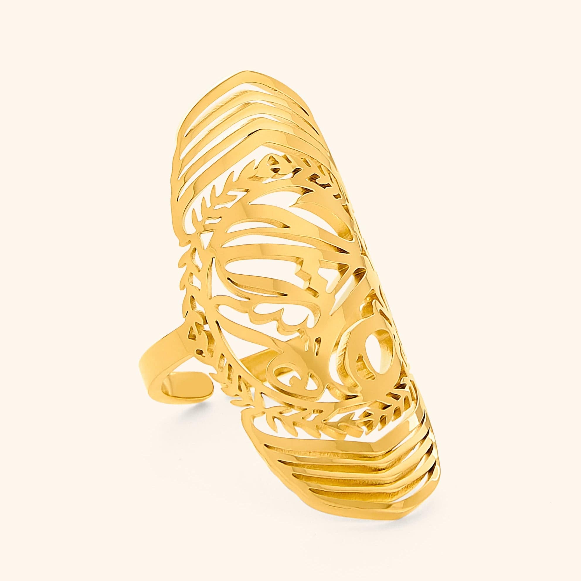 Sufficient Strength Ring on display, highlighting intricate Arabic calligraphy for women.