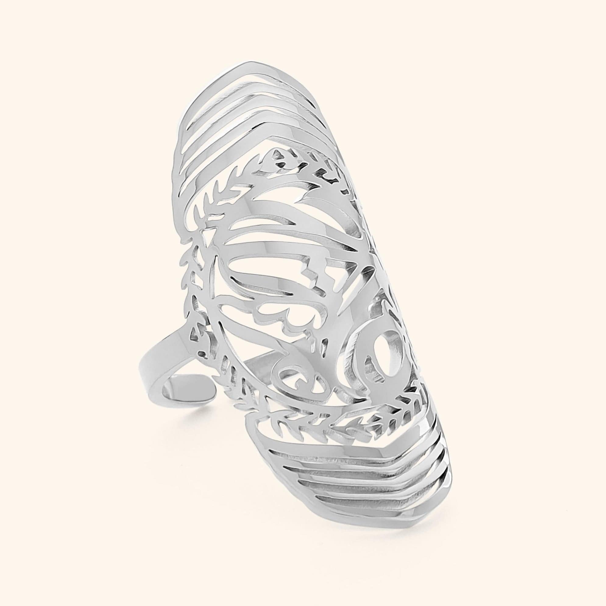 Sufficient Strength Ring on display, highlighting intricate Arabic calligraphy for women.