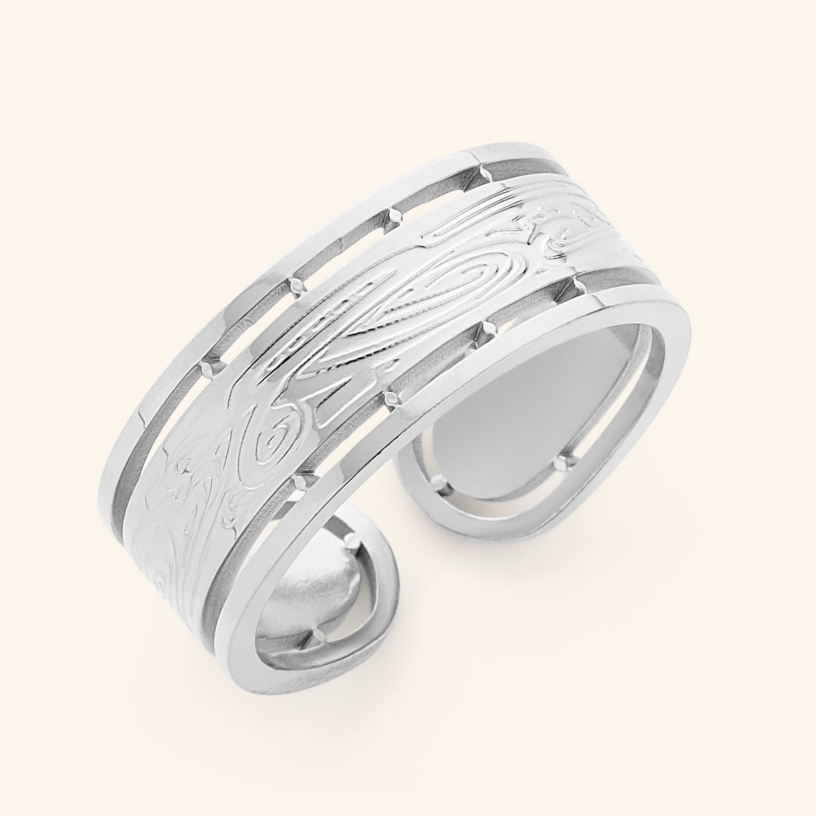Close-up of the SABIREEN ring showcasing the intricate calligraphy and gold plating.