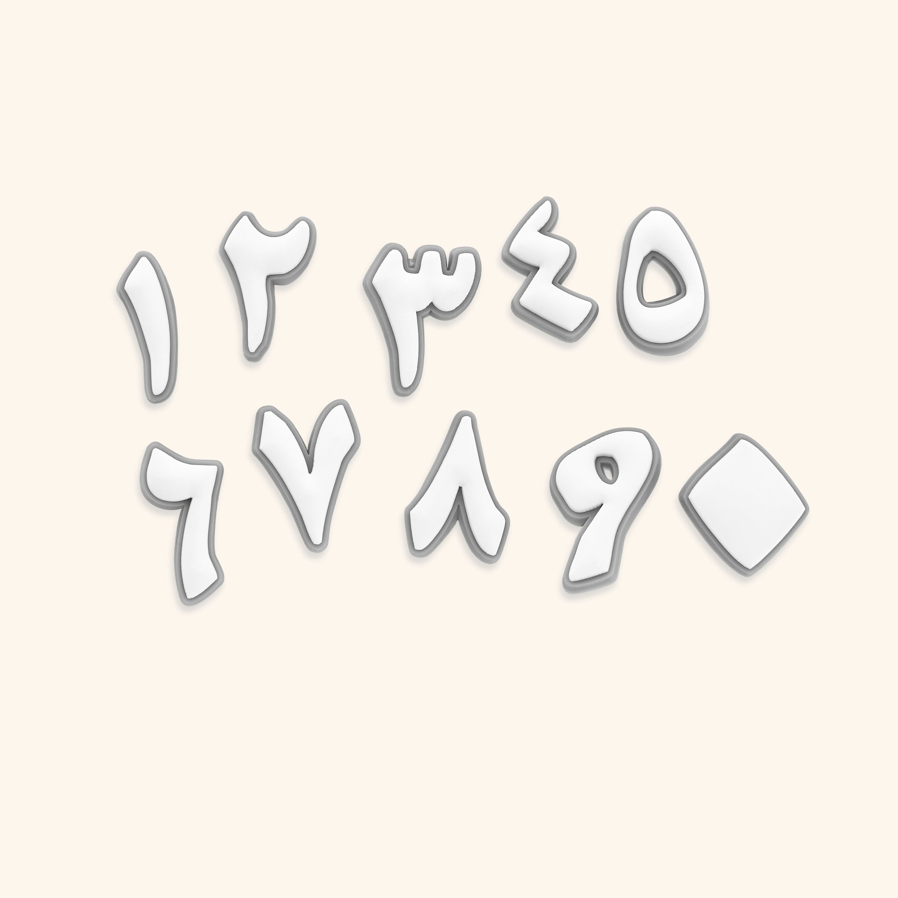 Close-up of unique Arabic numeral charms for crafts, featuring bold designs.