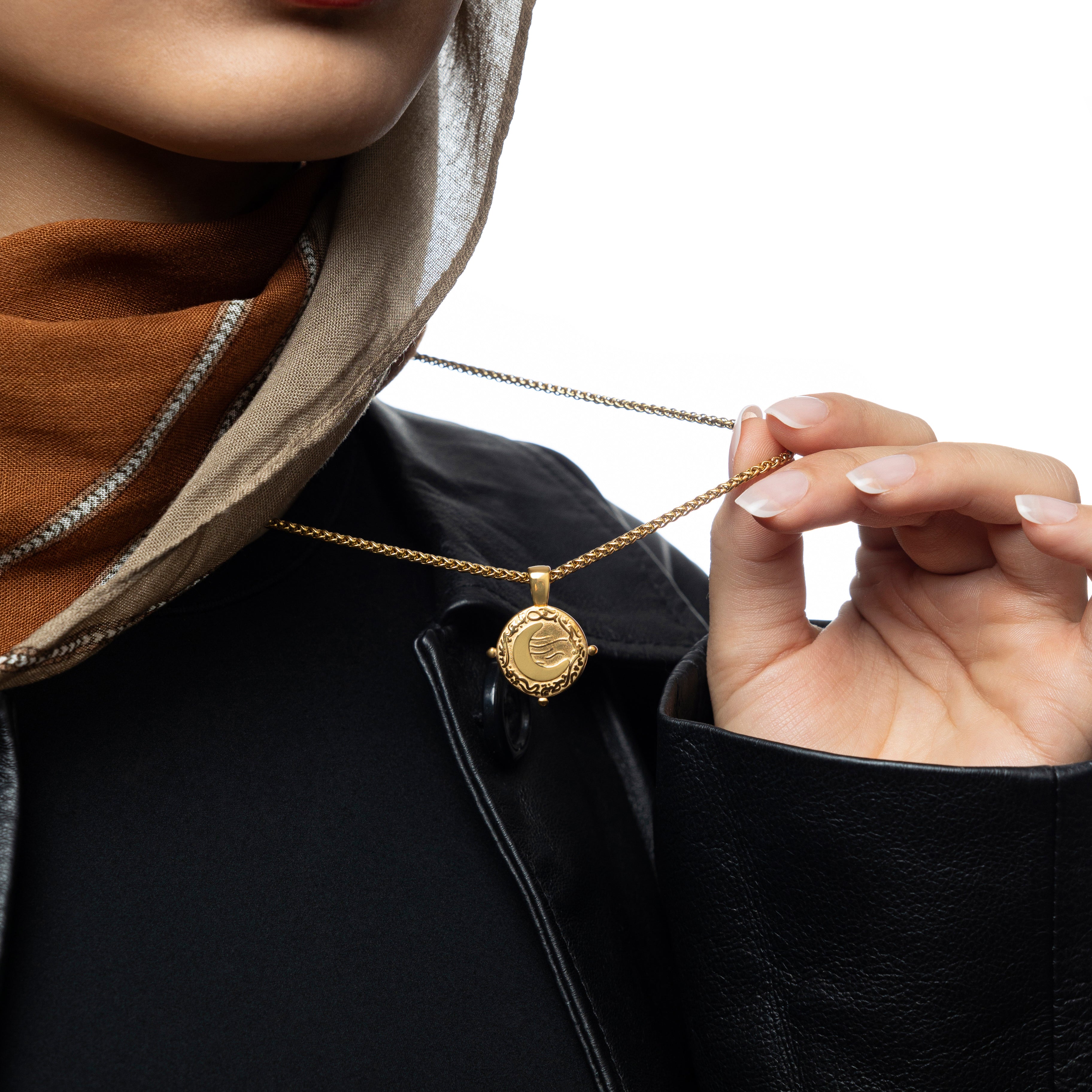 Model wearing the Celestial Journey Crescent Necklace, highlighting its elegant design.