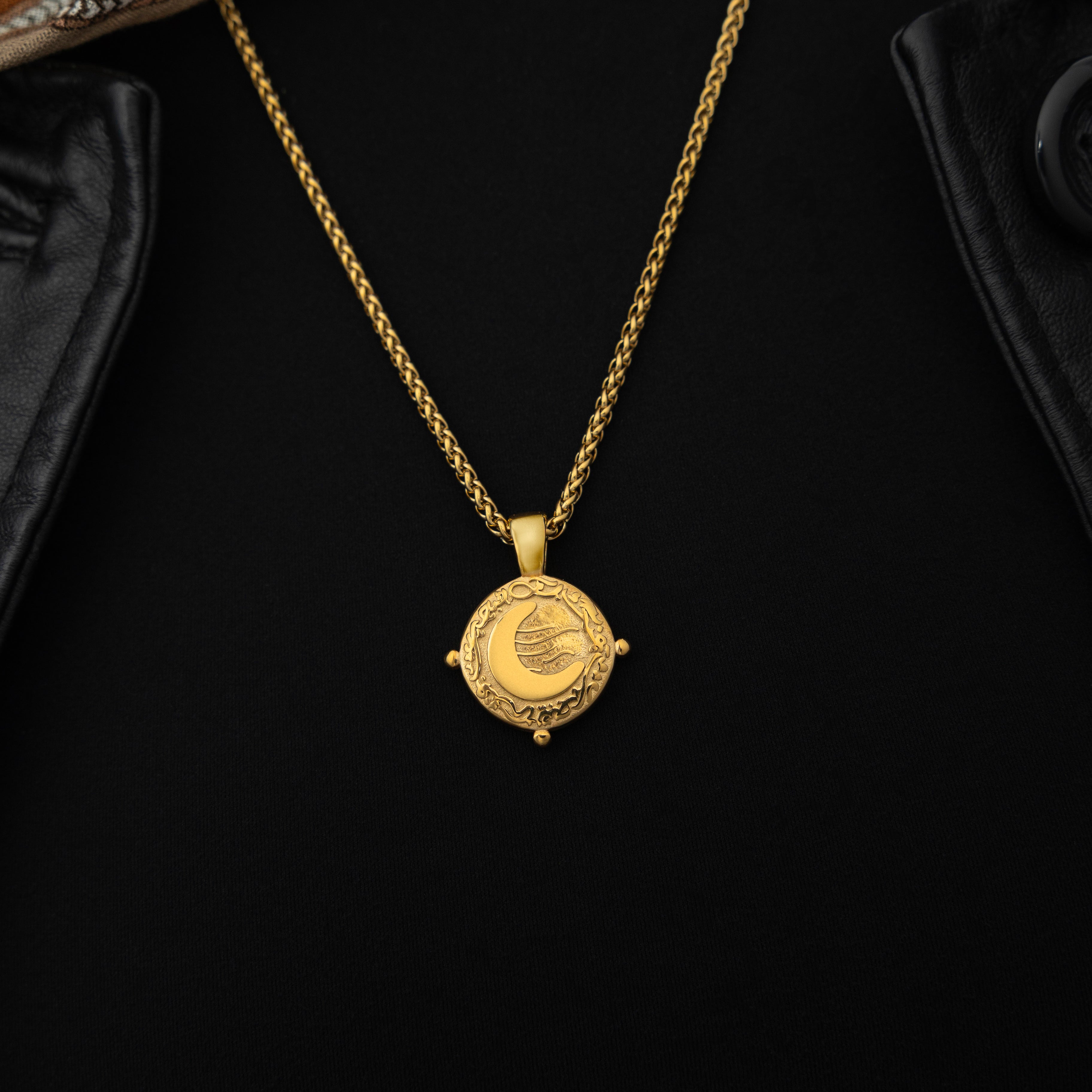 Model wearing the Celestial Journey Crescent Necklace, highlighting its elegant design.