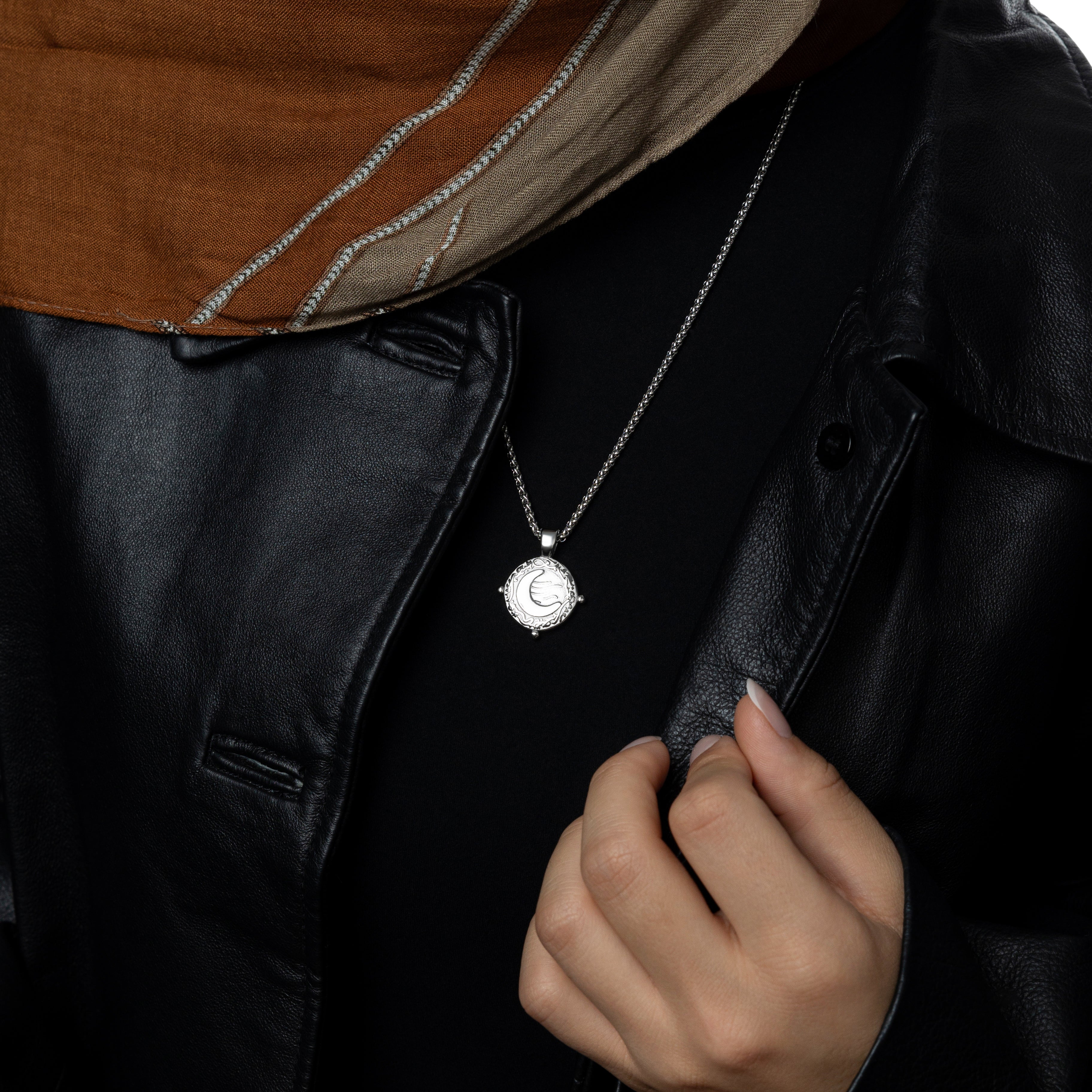 Model wearing the Celestial Journey Crescent Necklace, highlighting its elegant design.