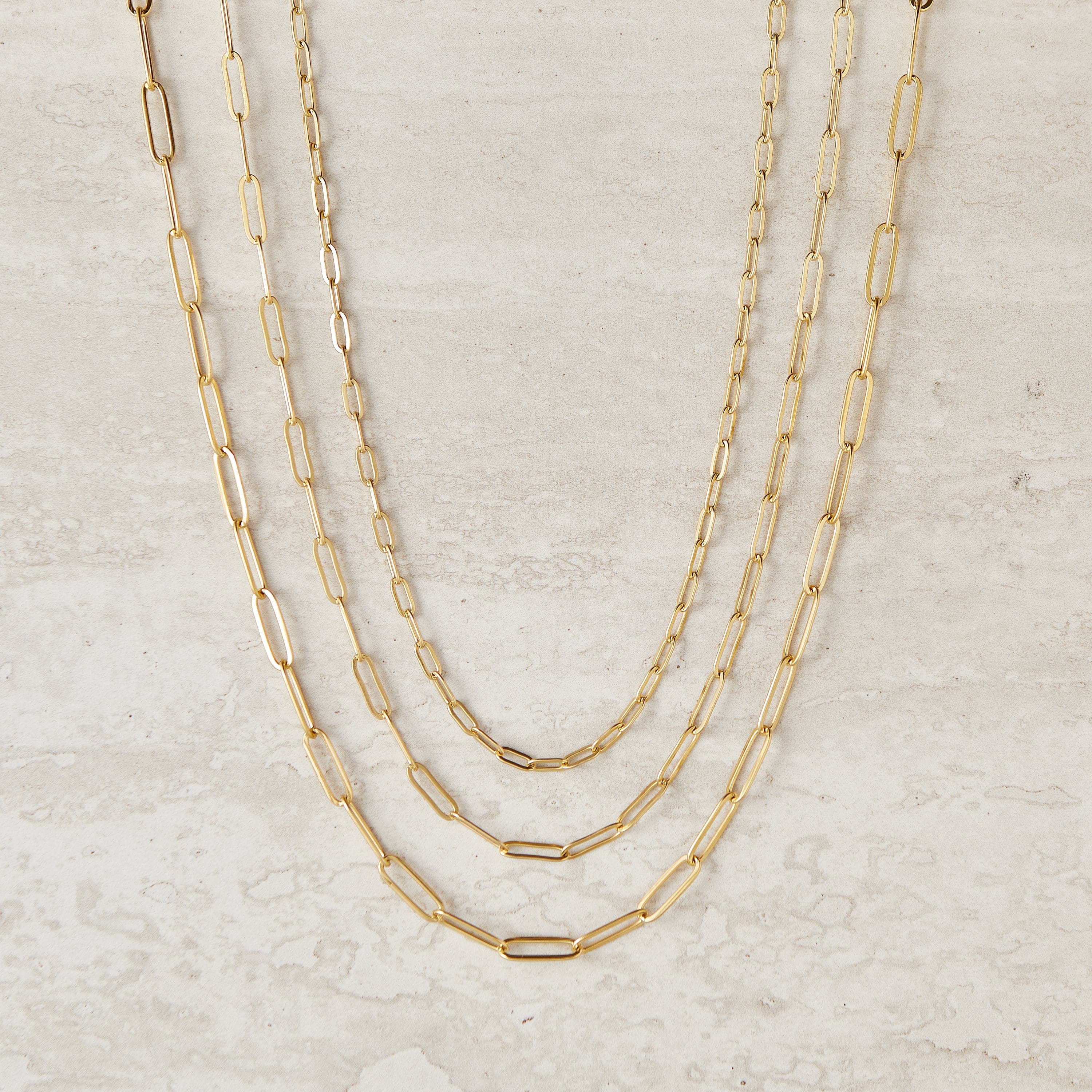 Close-up view of the Timeless Gold Link Chain Necklace showcasing its paperclip-style links.