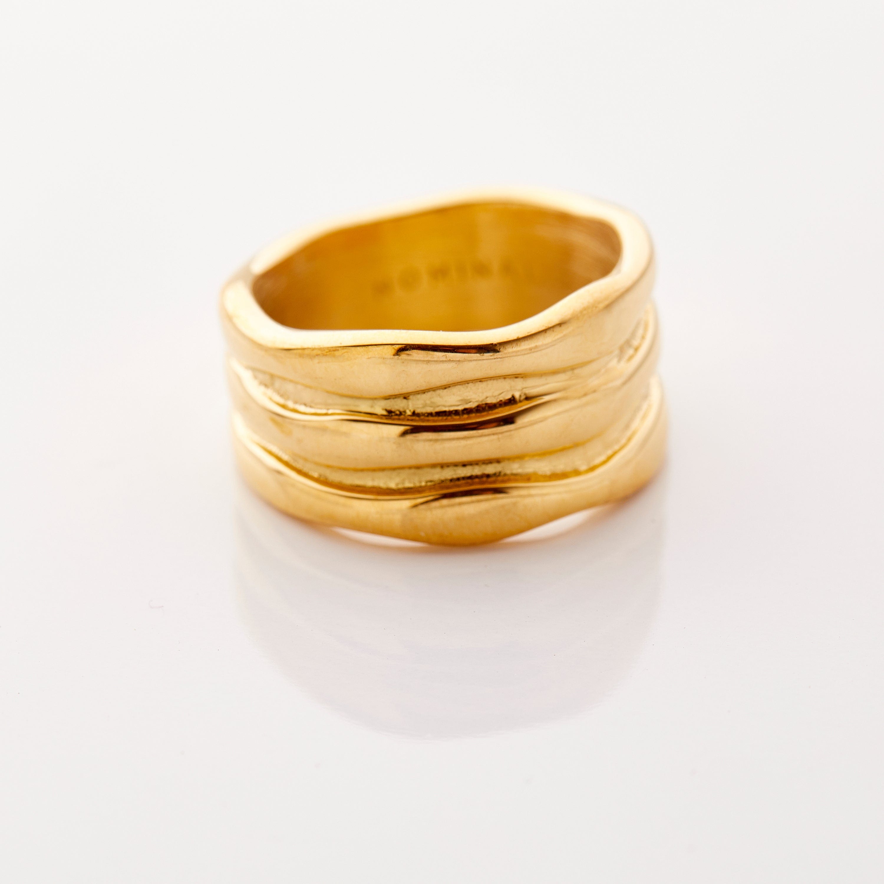Close-up of Lustra™ Triple-Stack Gold Ring on hand, highlighting sculpted ridges and stacked ring design